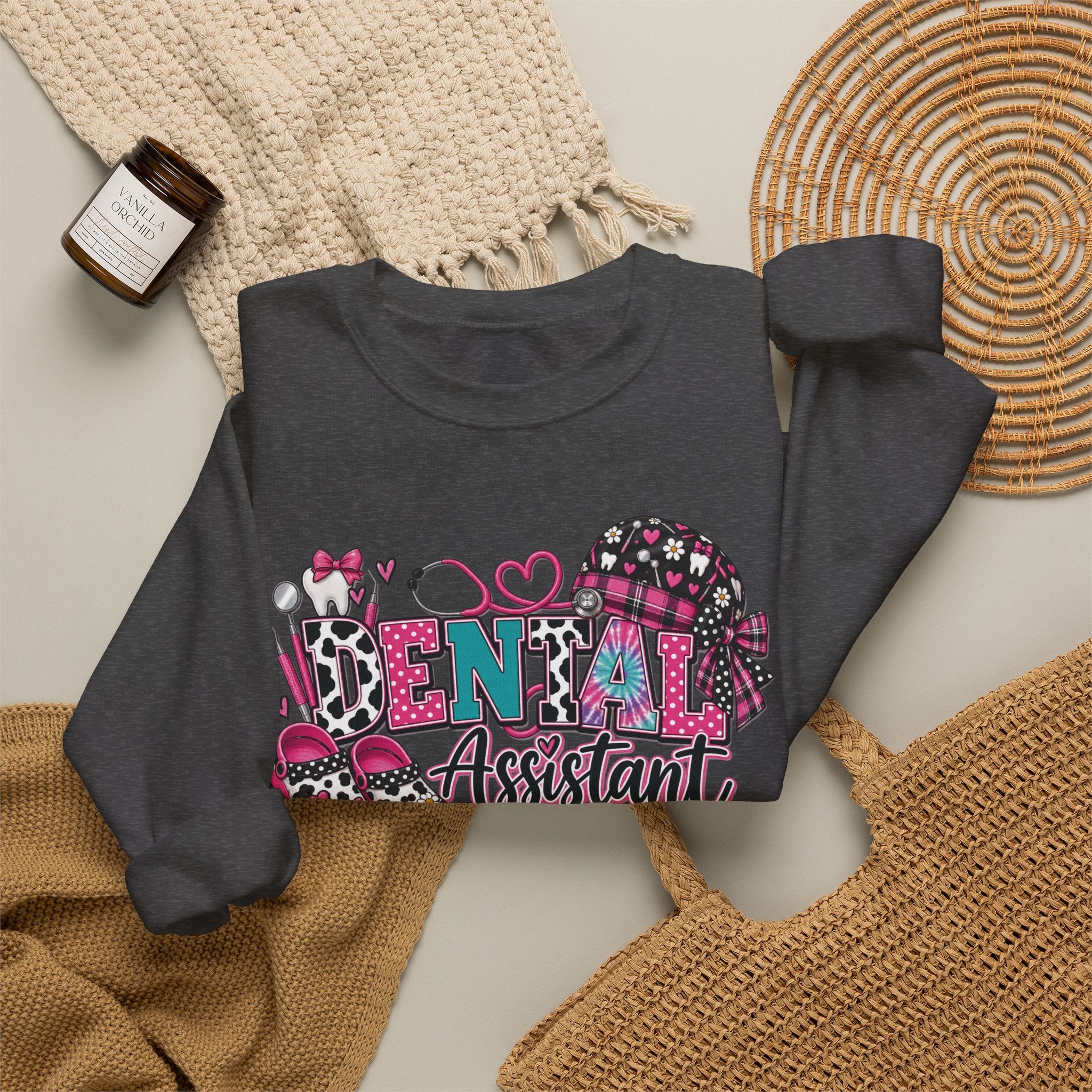Dental Assistant Cow Print Crewneck Sweatshirt — Pink Leopard Heart Dental Design