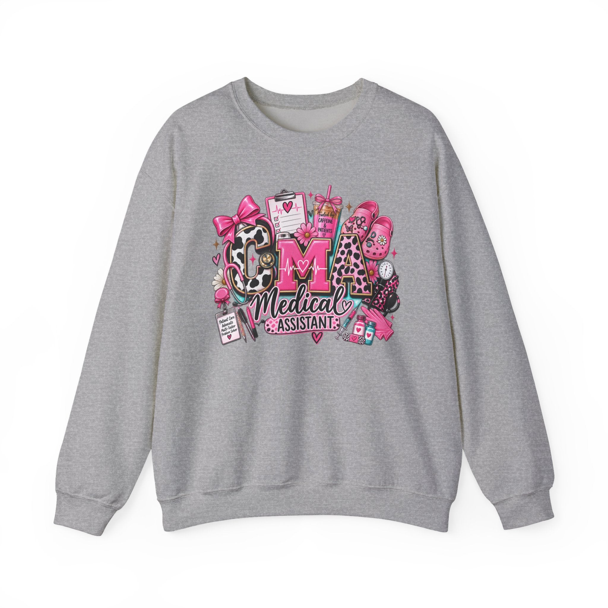 Cow Print Medical Assistant Crewneck Sweatshirt – Pink Nursing Badge & Stethoscope Design