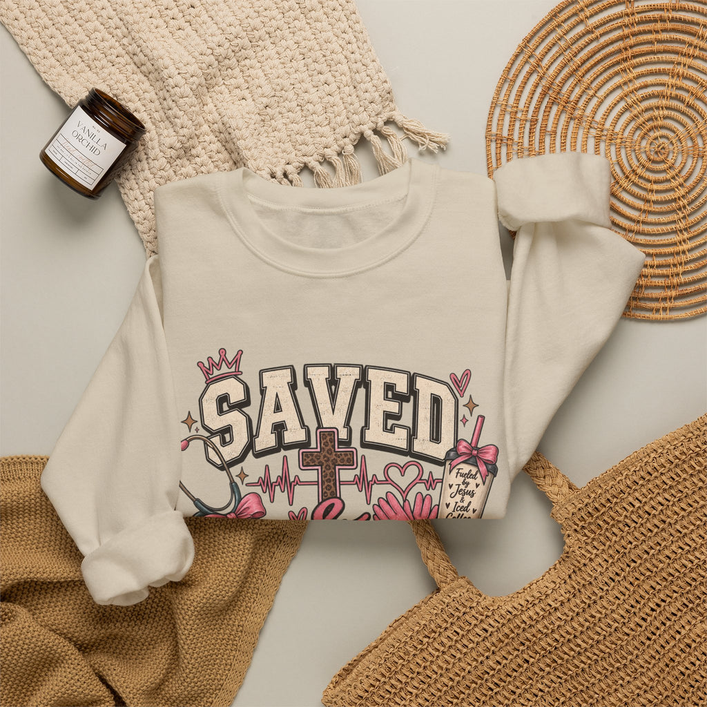 Saved & On Shift Crewneck Sweatshirt — Nurse/Healthcare Inspirational Pullover