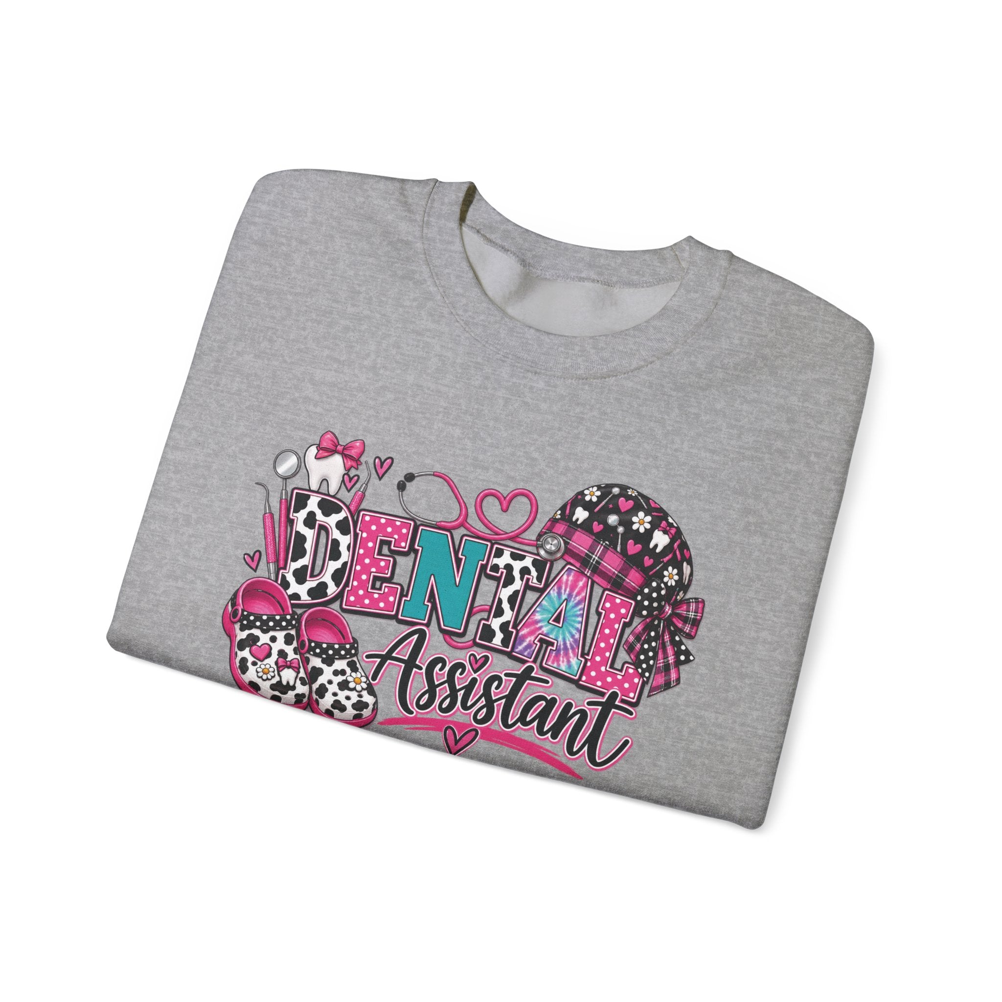 Dental Assistant Cow Print Crewneck Sweatshirt — Pink Leopard Heart Dental Design