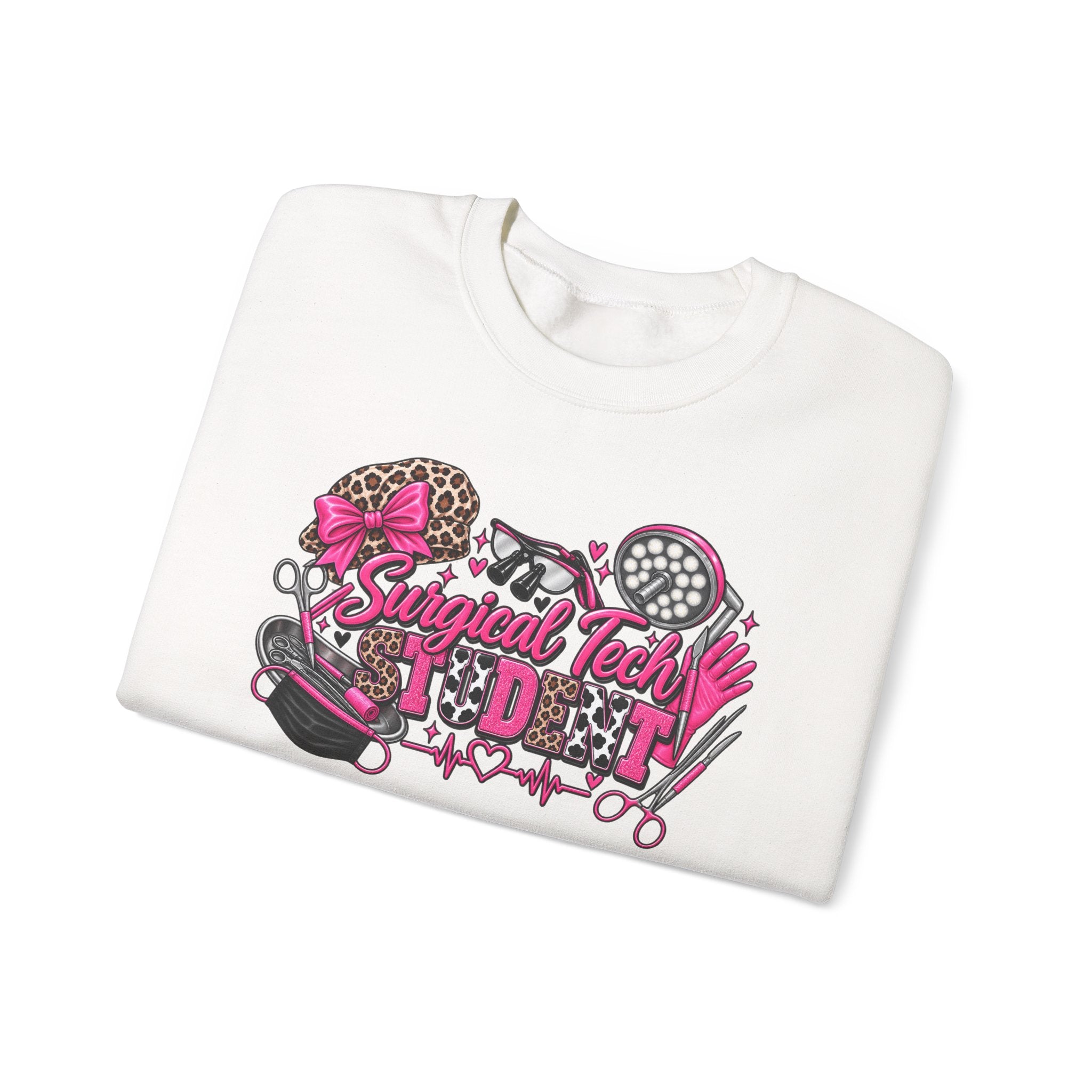 Surgical Tech Student Crewneck Sweatshirt — "Staygold Tash" Salon Scissors & Dryer Graphic