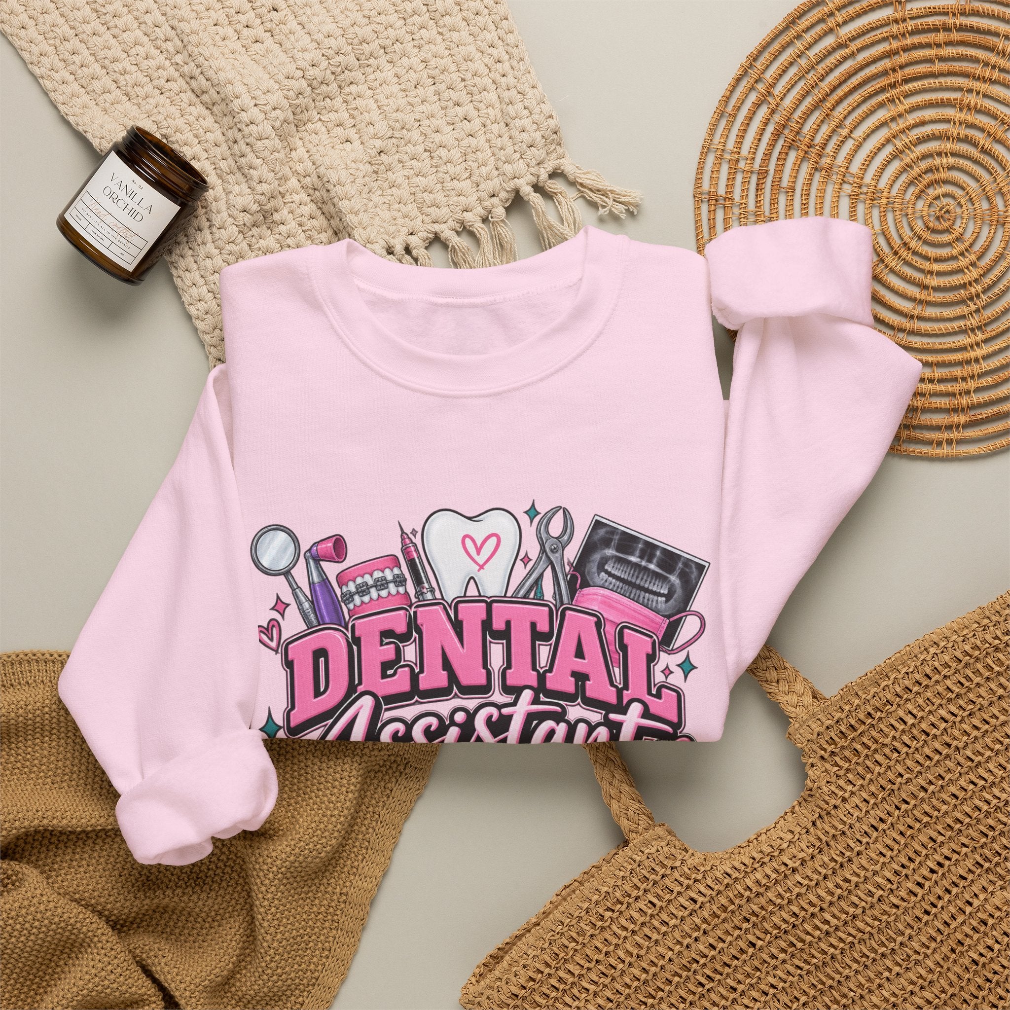 Dental Assistant Crewneck Sweatshirt — Cute Pink Medical Tools Design