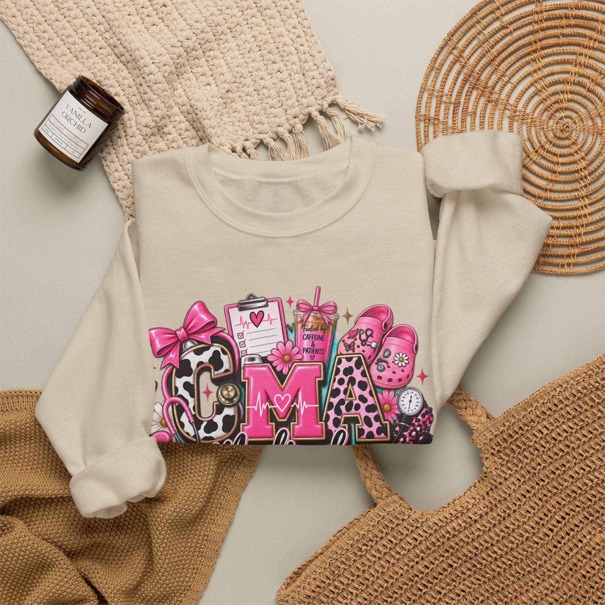 Cow Print Medical Assistant Crewneck Sweatshirt – Pink Nursing Badge & Stethoscope Design