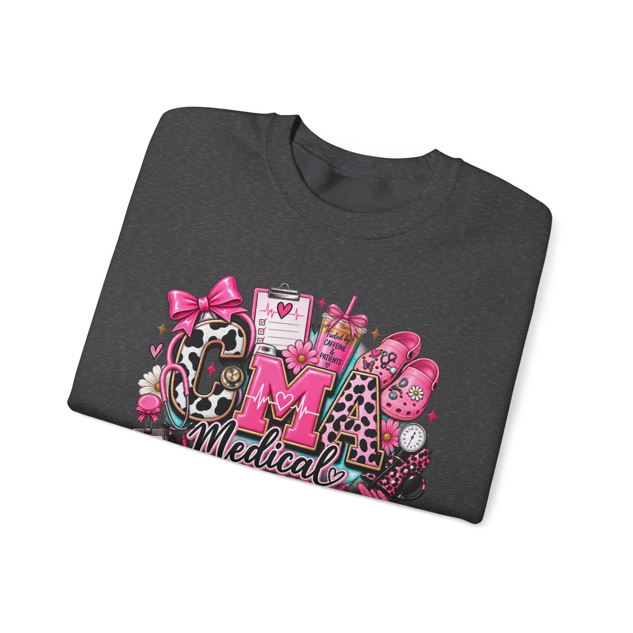 Cow Print Medical Assistant Crewneck Sweatshirt – Pink Nursing Badge & Stethoscope Design