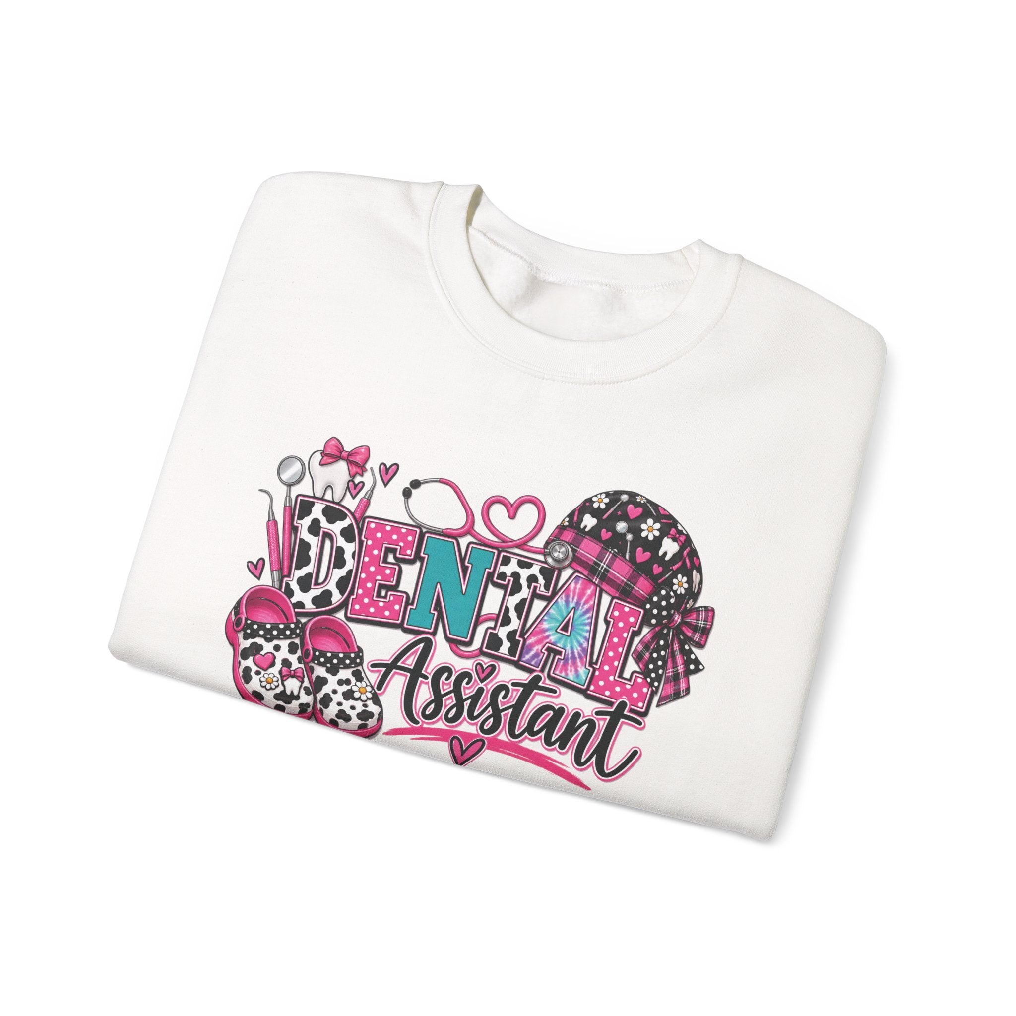 Dental Assistant Cow Print Crewneck Sweatshirt — Pink Leopard Heart Dental Design