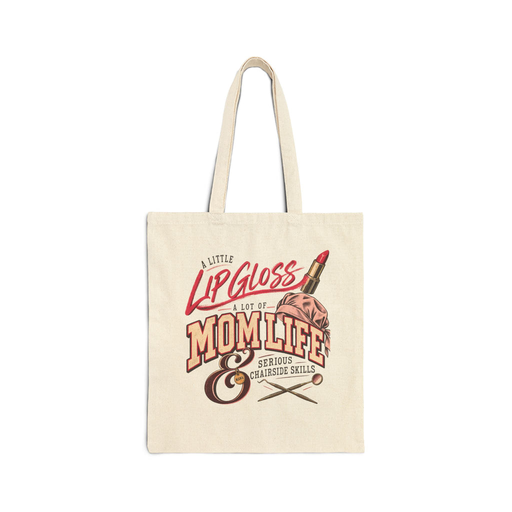 Mom Life Tote Bag - "A Little Lip Gloss & A Lot of Mom Life" Canvas Grocery/Beach Bag
