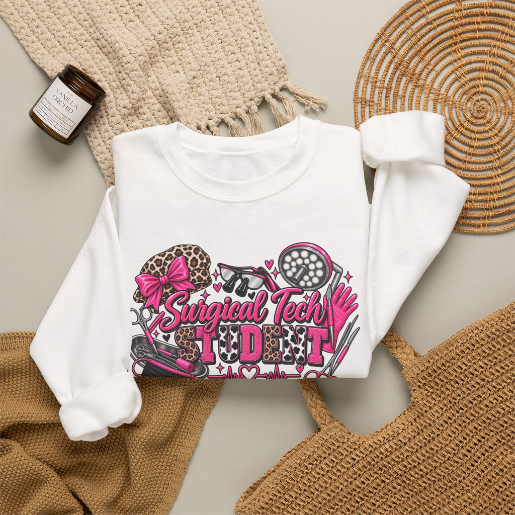 Surgical Tech Student Crewneck Sweatshirt — "Staygold Tash" Salon Scissors & Dryer Graphic