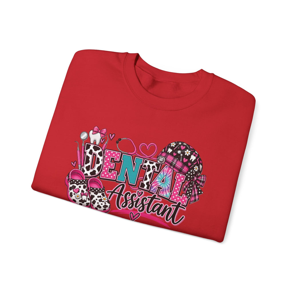 Dental Assistant Cow Print Crewneck Sweatshirt — Pink Leopard Heart Dental Design