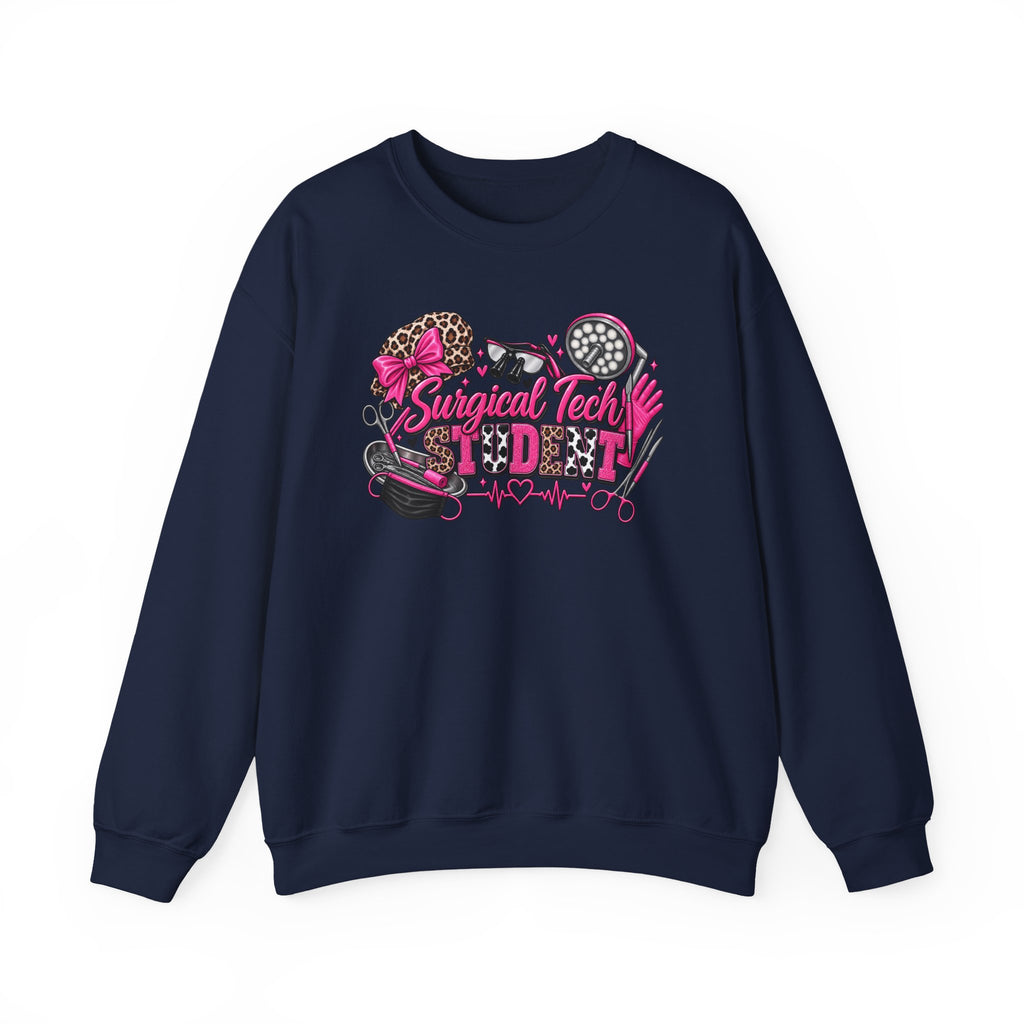 Surgical Tech Student Crewneck Sweatshirt — "Staygold Tash" Salon Scissors & Dryer Graphic