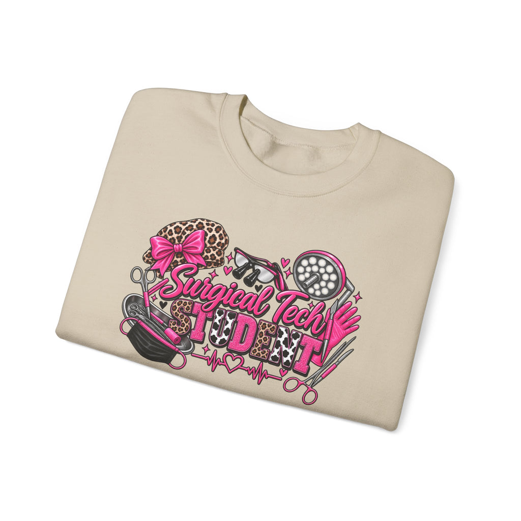 Surgical Tech Student Crewneck Sweatshirt — "Staygold Tash" Salon Scissors & Dryer Graphic