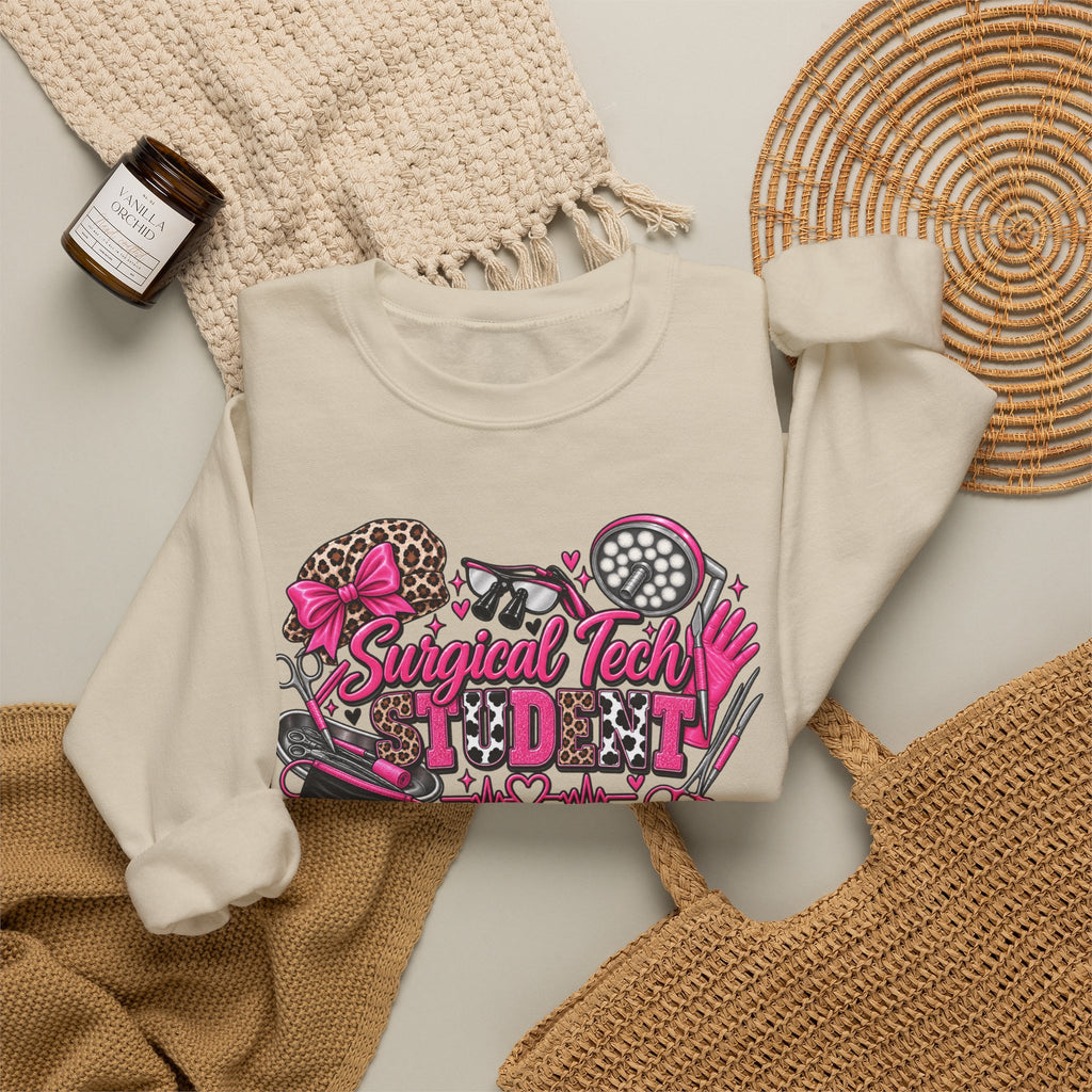 Surgical Tech Student Crewneck Sweatshirt — "Staygold Tash" Salon Scissors & Dryer Graphic