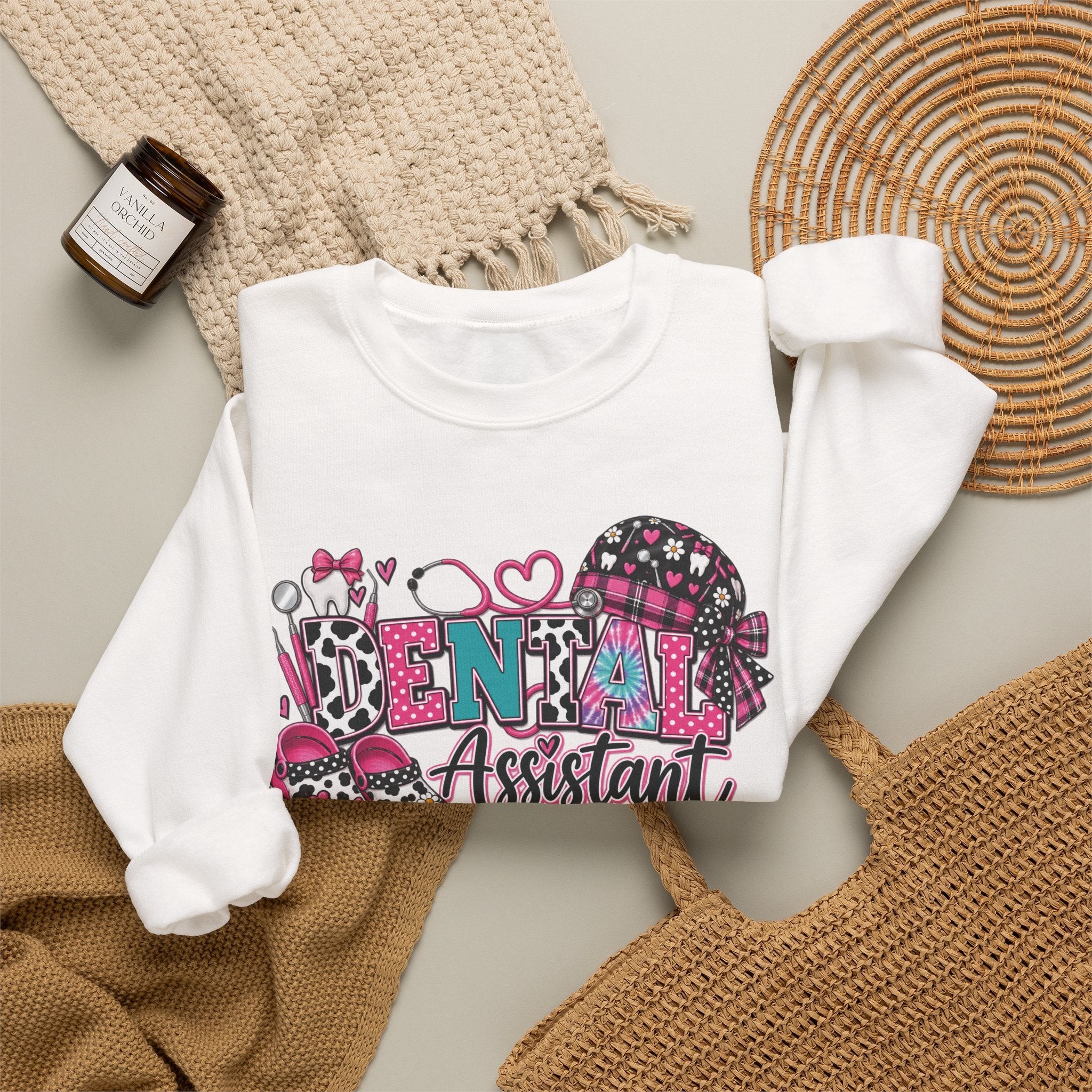 Dental Assistant Cow Print Crewneck Sweatshirt — Pink Leopard Heart Dental Design