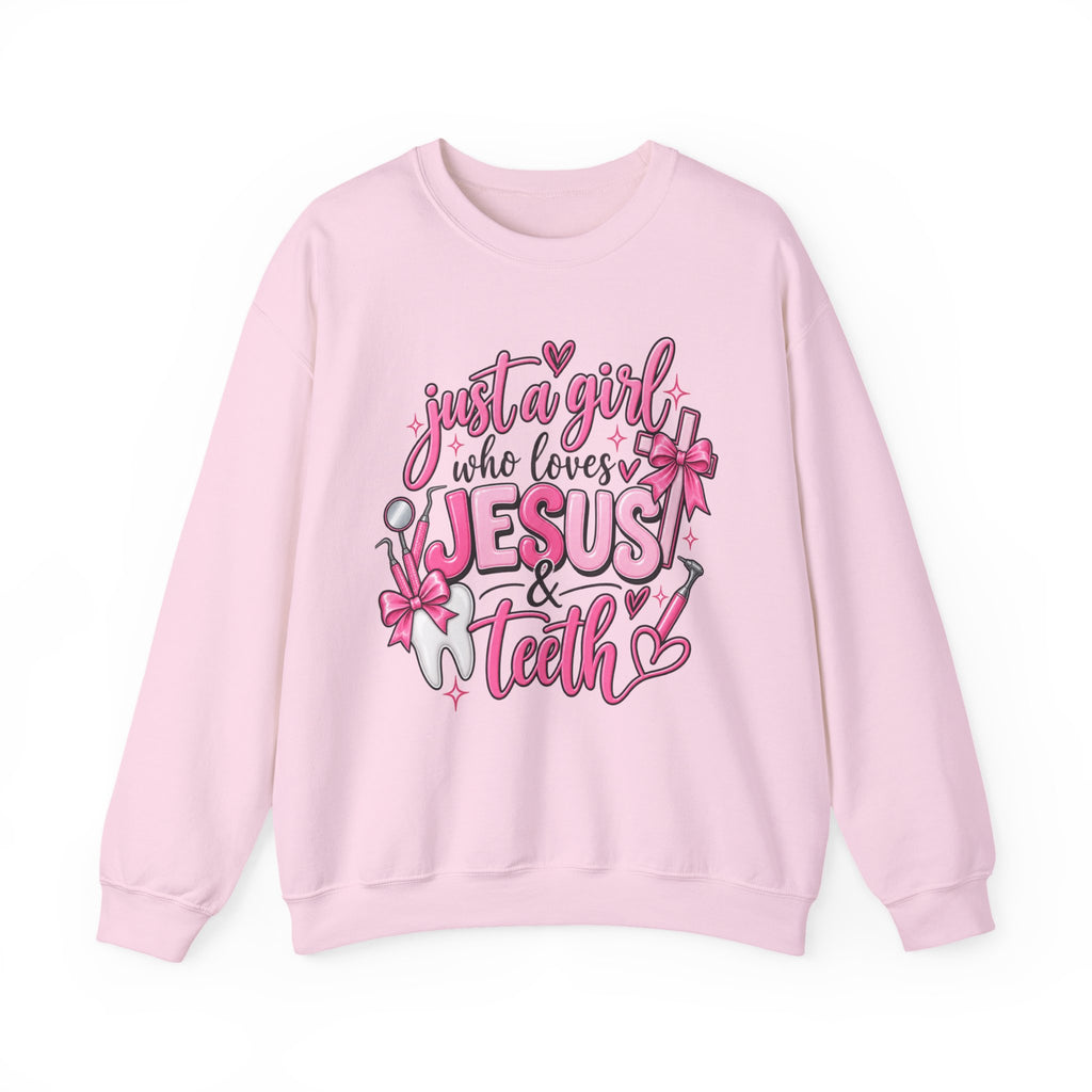 Jesus & Teeth Crewneck Sweatshirt — "Just a Girl Who Loves Jesus & Teeth" Christian Dental Graphic