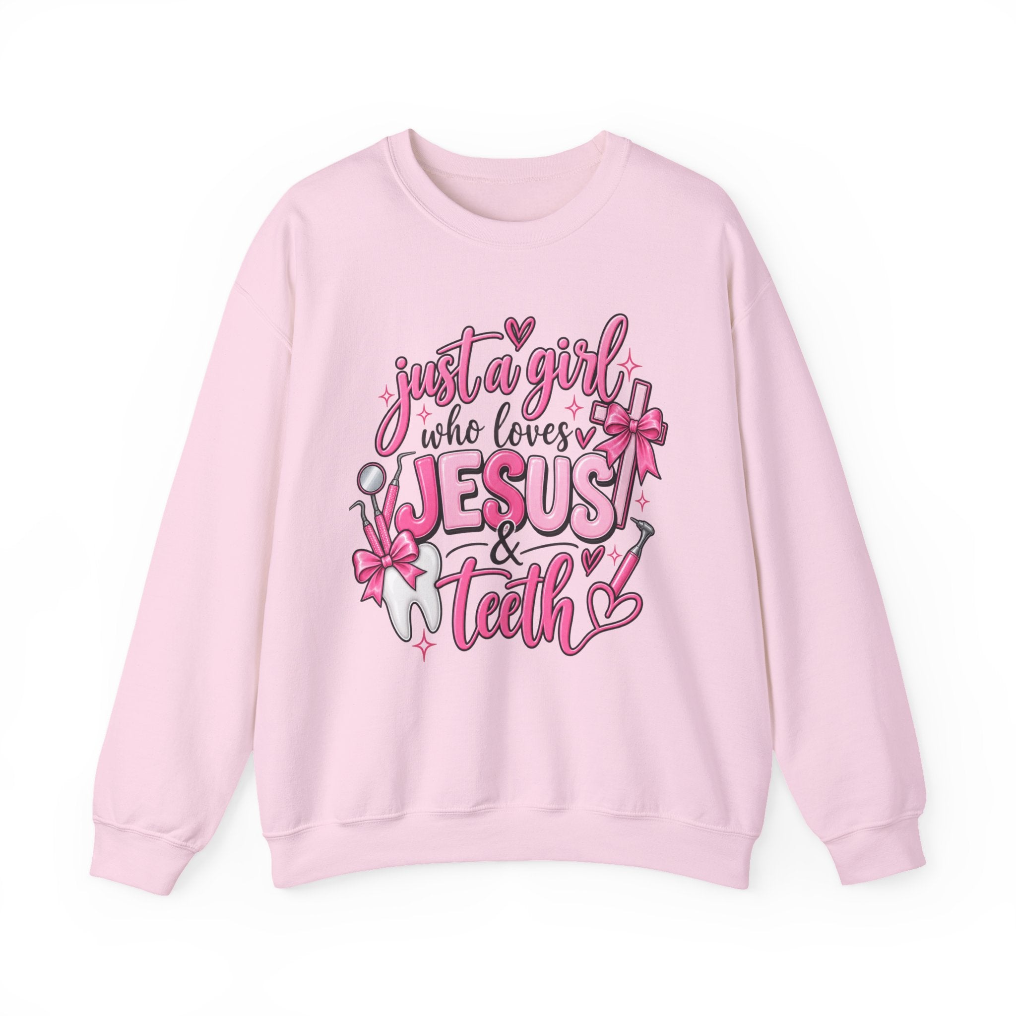 Jesus & Teeth Crewneck Sweatshirt — "Just a Girl Who Loves Jesus & Teeth" Christian Dental Graphic