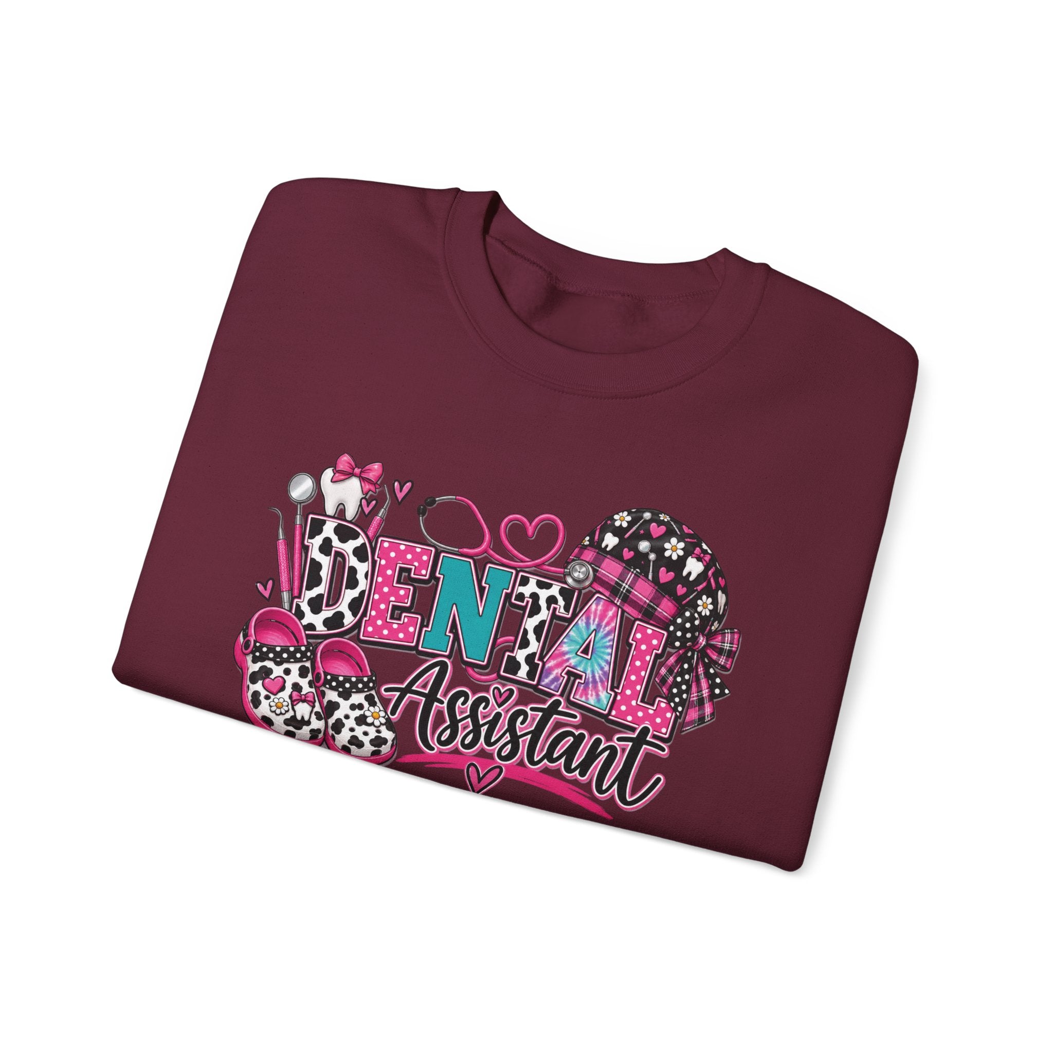 Dental Assistant Cow Print Crewneck Sweatshirt — Pink Leopard Heart Dental Design