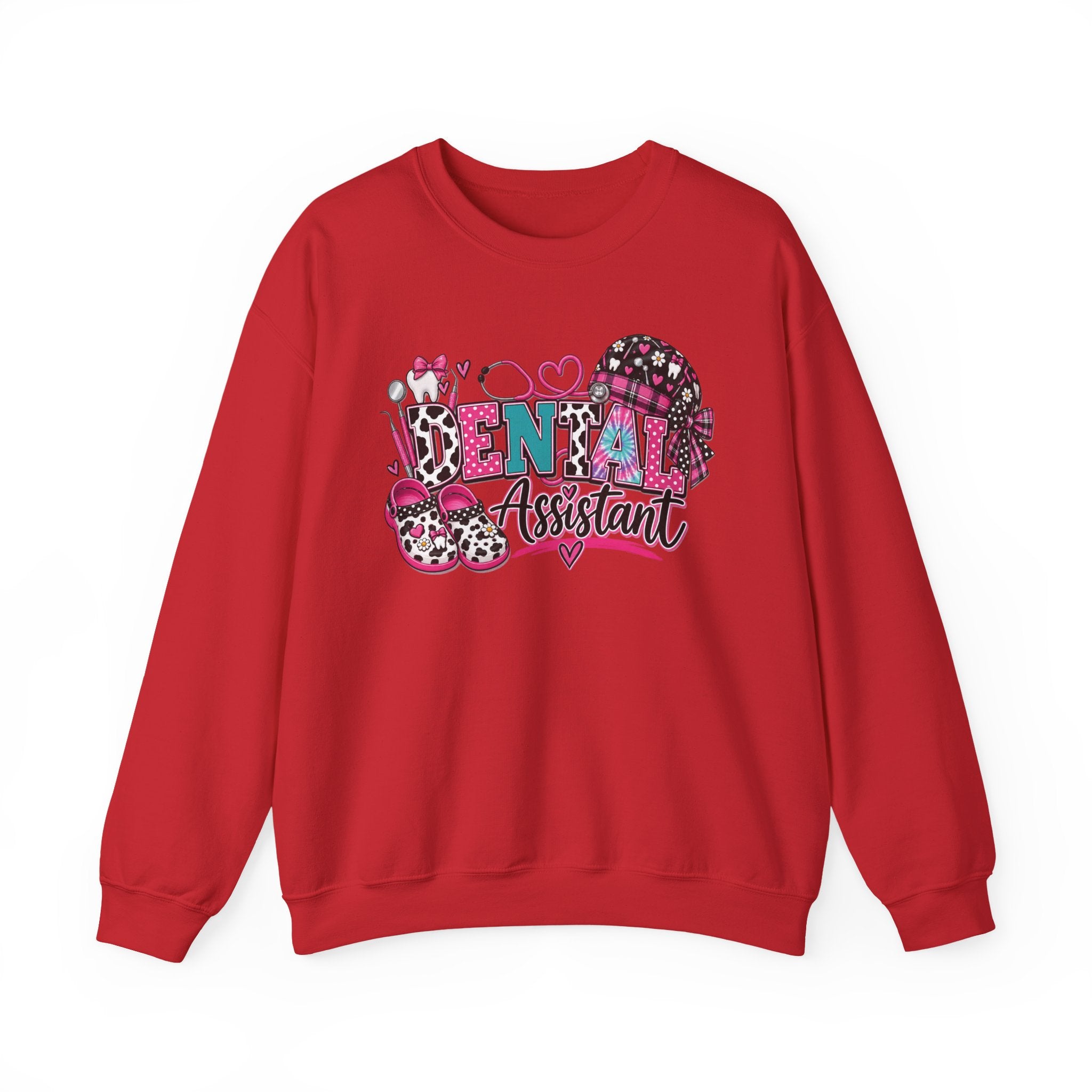 Dental Assistant Cow Print Crewneck Sweatshirt — Pink Leopard Heart Dental Design