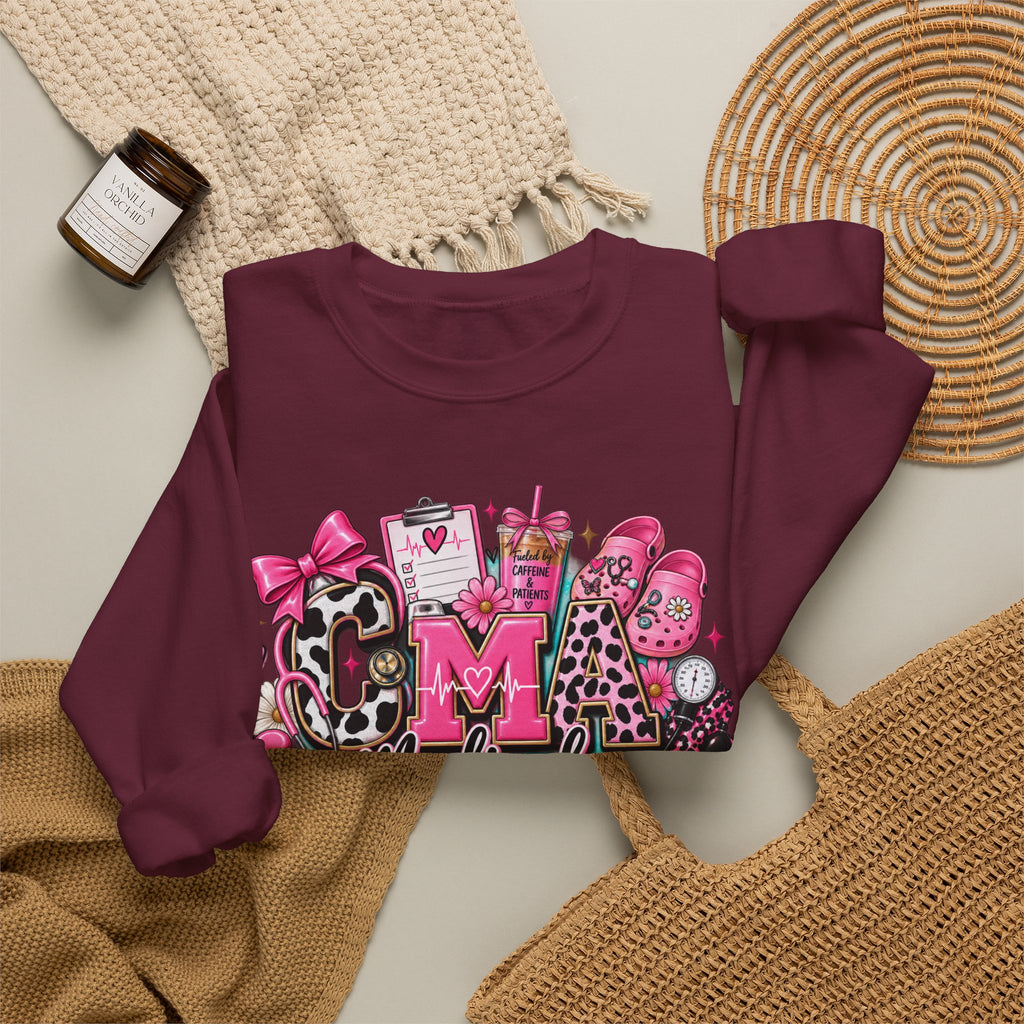 Cow Print Medical Assistant Crewneck Sweatshirt – Pink Nursing Badge & Stethoscope Design