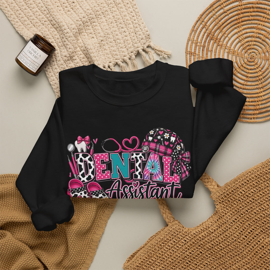 Dental Assistant Cow Print Crewneck Sweatshirt — Pink Leopard Heart Dental Design