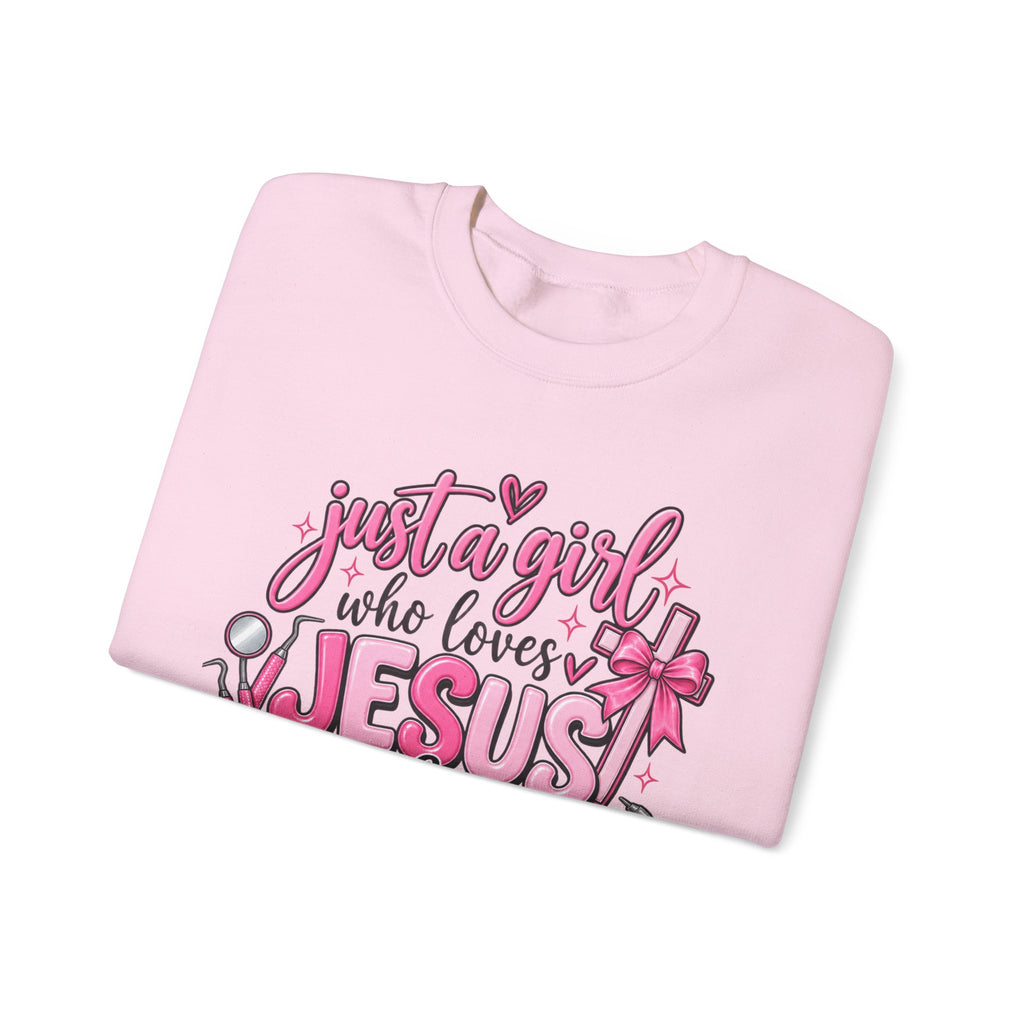 Jesus & Teeth Crewneck Sweatshirt — "Just a Girl Who Loves Jesus & Teeth" Christian Dental Graphic