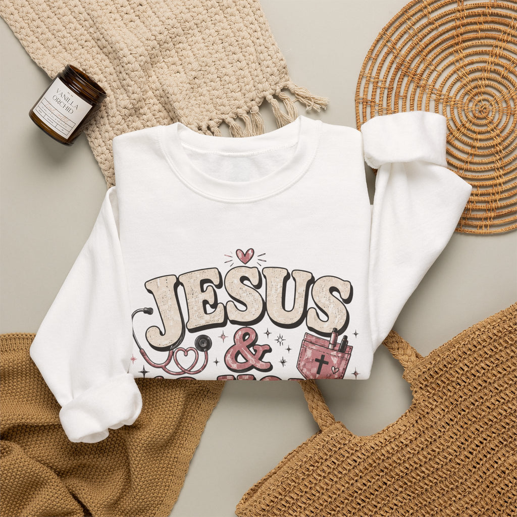 Crewneck Sweatshirt — "Jesus & 12-Hour Shifts" Faith Nurse Gift