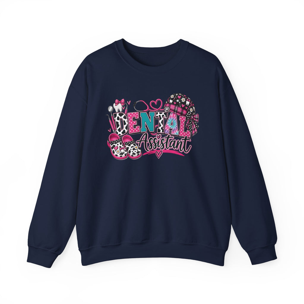 Dental Assistant Cow Print Crewneck Sweatshirt — Pink Leopard Heart Dental Design