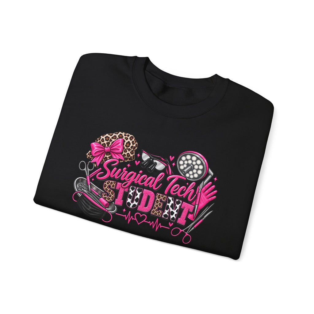 Surgical Tech Student Crewneck Sweatshirt — "Staygold Tash" Salon Scissors & Dryer Graphic