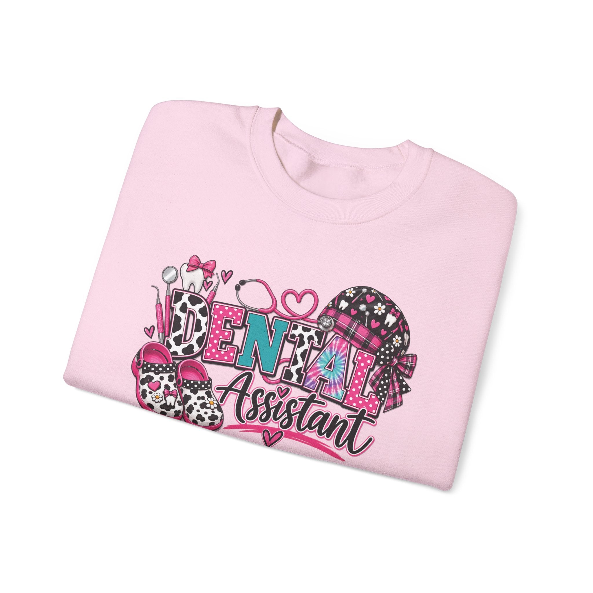 Dental Assistant Cow Print Crewneck Sweatshirt — Pink Leopard Heart Dental Design
