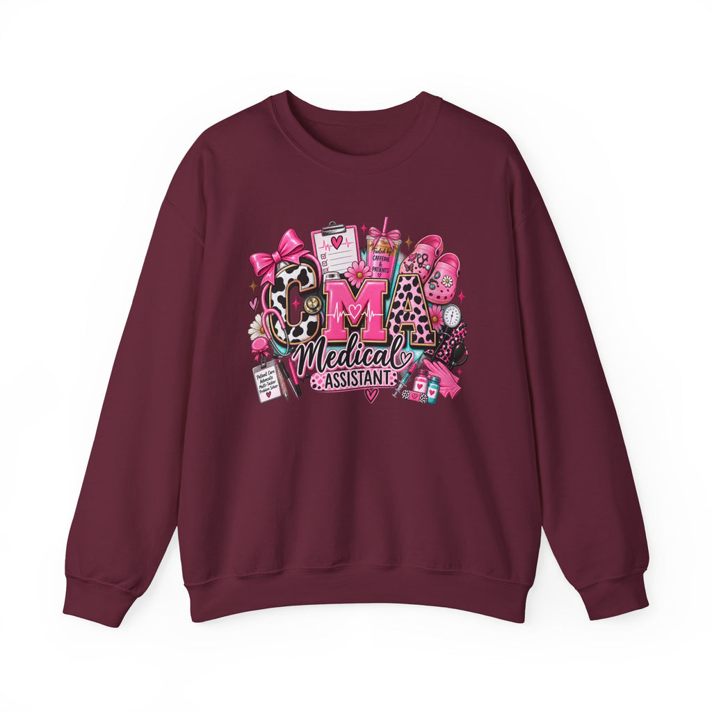 Cow Print Medical Assistant Crewneck Sweatshirt – Pink Nursing Badge & Stethoscope Design