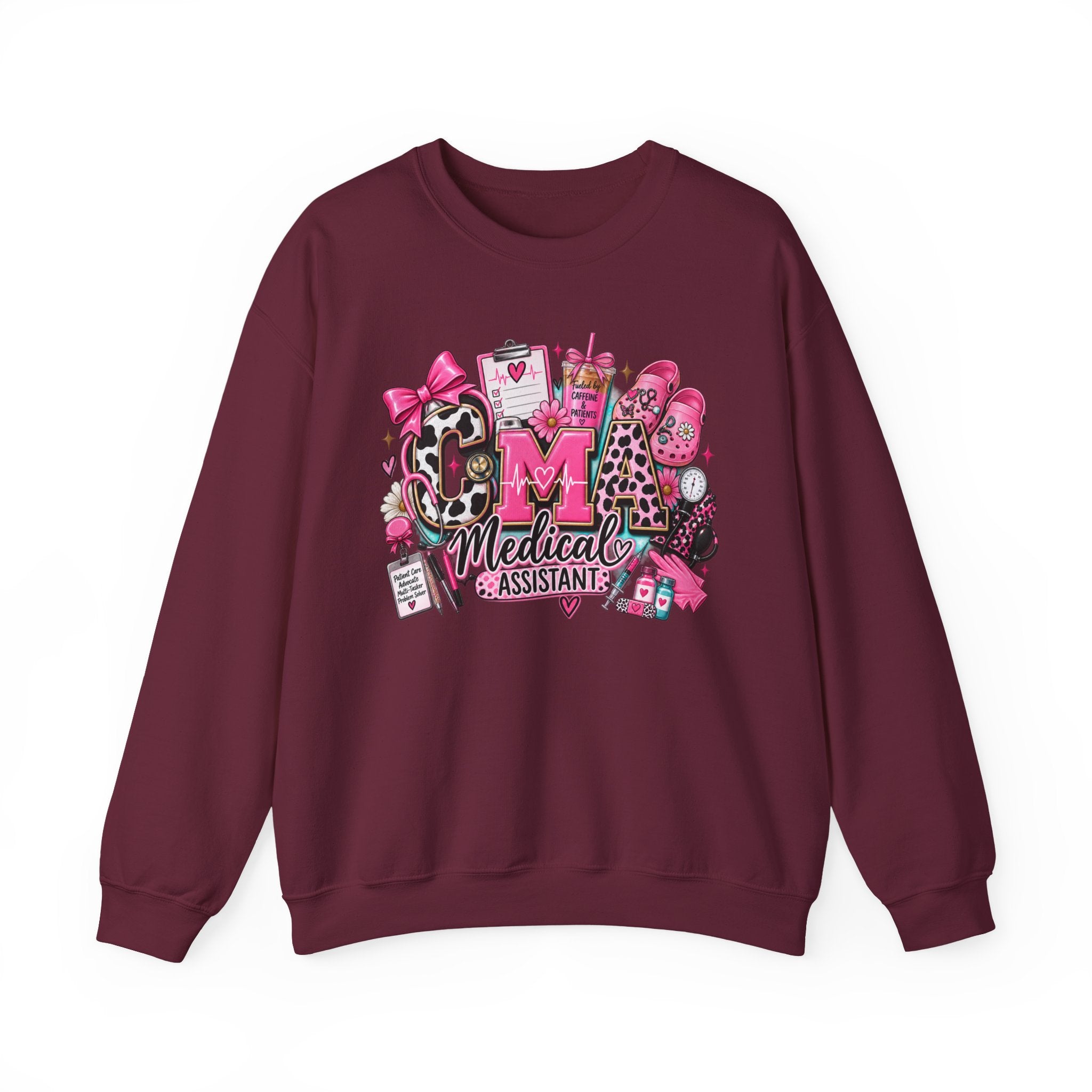 Cow Print Medical Assistant Crewneck Sweatshirt – Pink Nursing Badge & Stethoscope Design