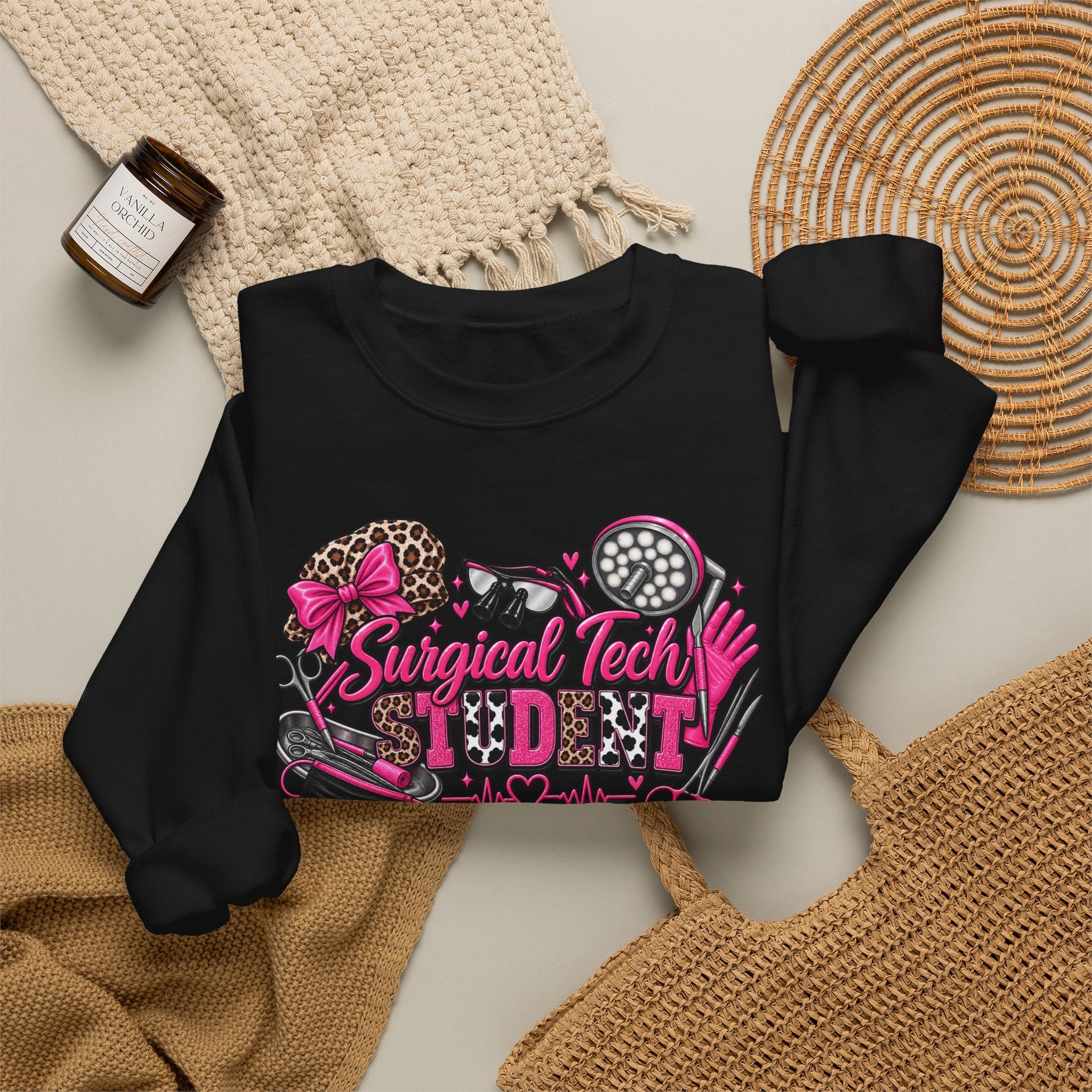 Surgical Tech Student Crewneck Sweatshirt — "Staygold Tash" Salon Scissors & Dryer Graphic