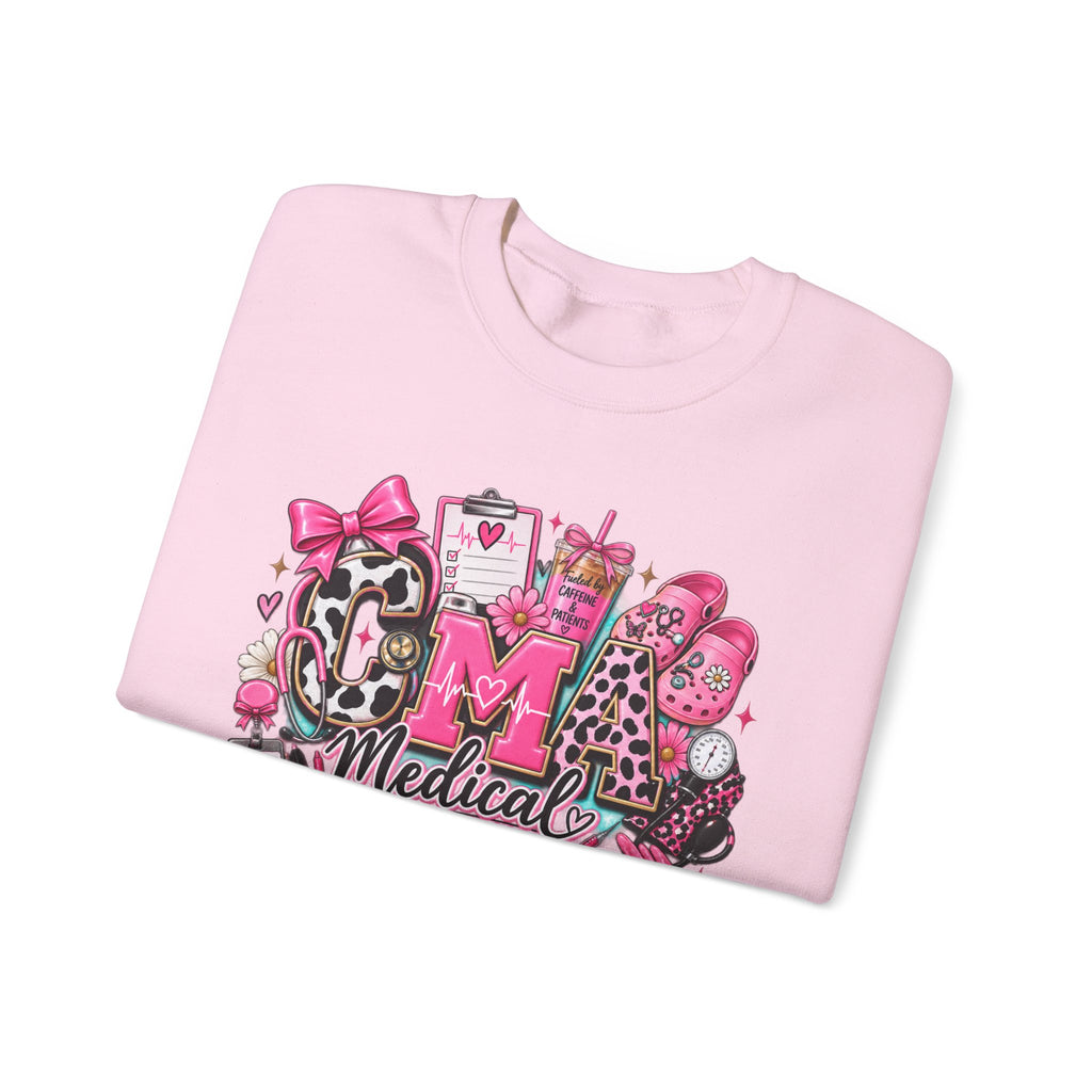 Cow Print Medical Assistant Crewneck Sweatshirt – Pink Nursing Badge & Stethoscope Design