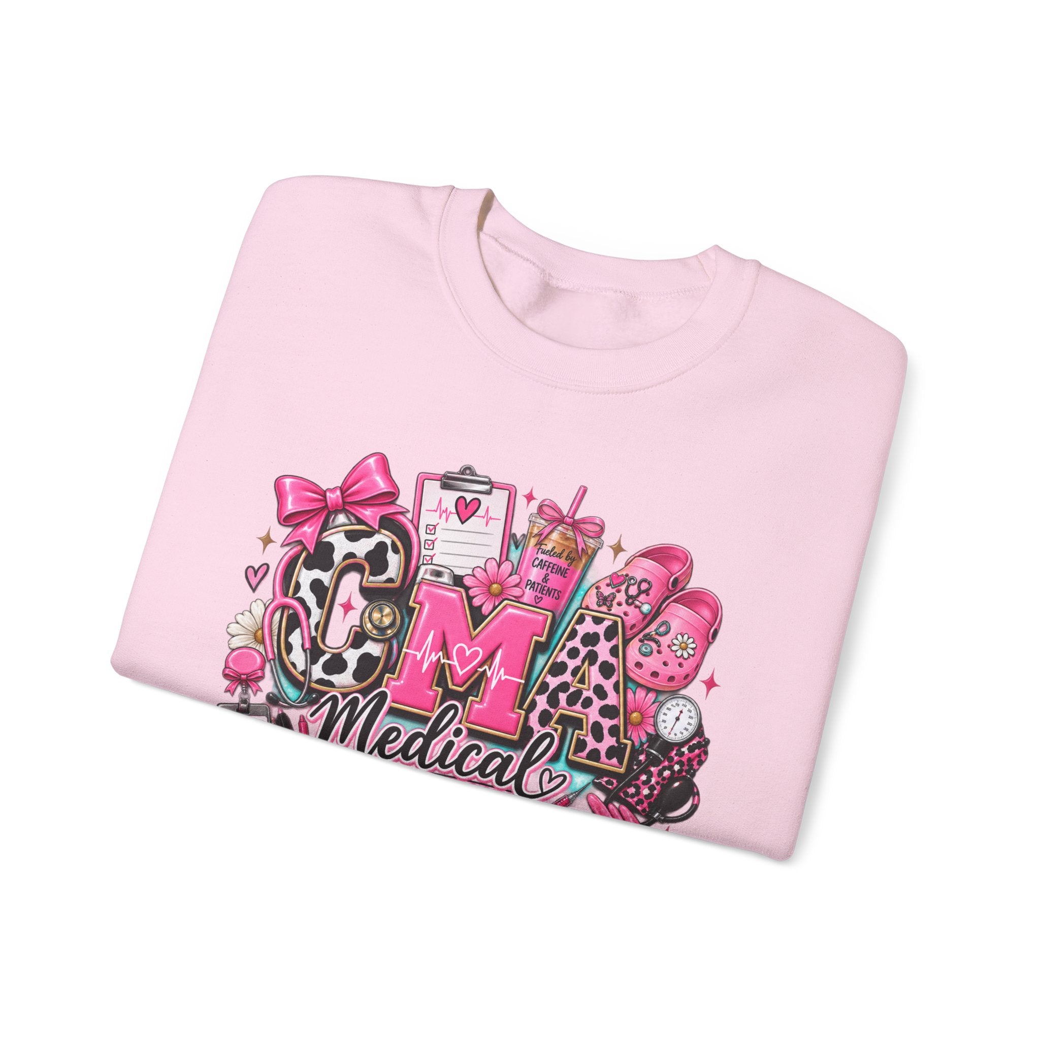 Cow Print Medical Assistant Crewneck Sweatshirt – Pink Nursing Badge & Stethoscope Design
