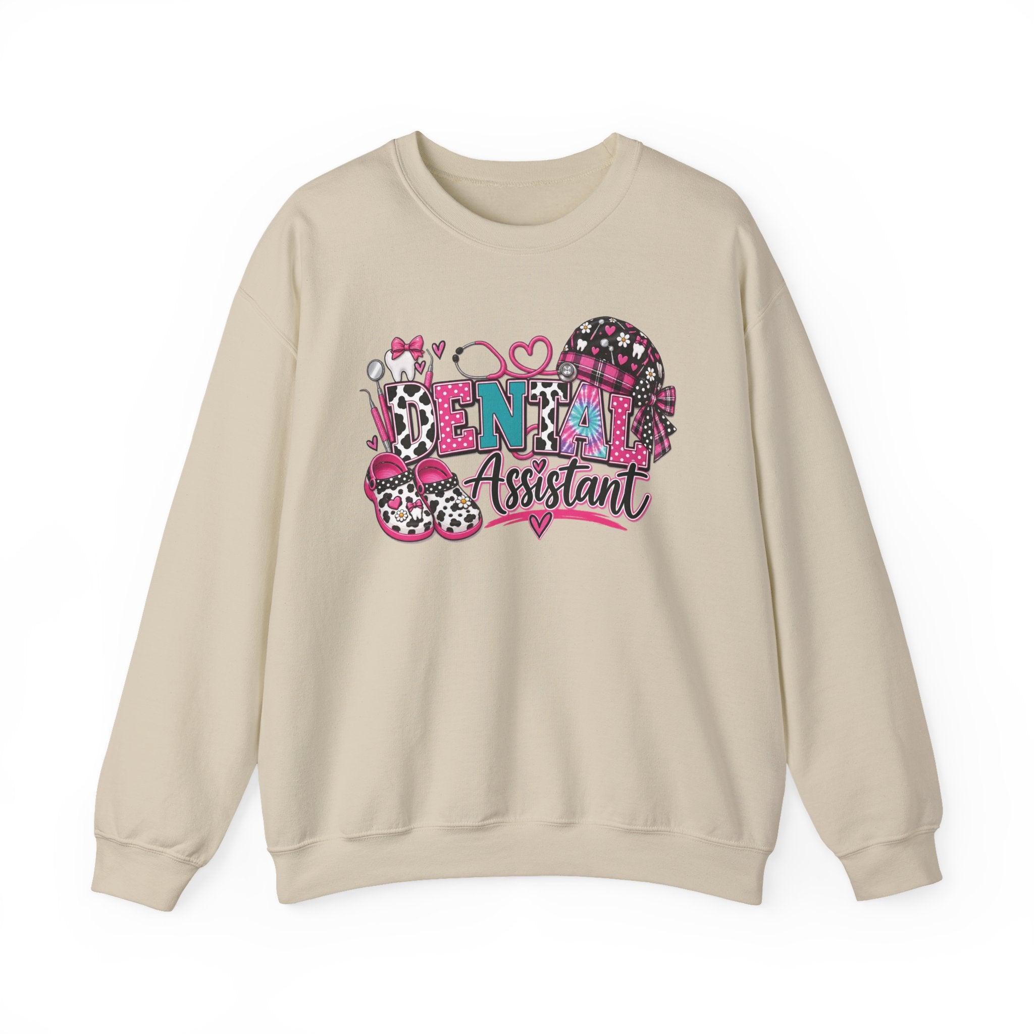 Dental Assistant Cow Print Crewneck Sweatshirt — Pink Leopard Heart Dental Design