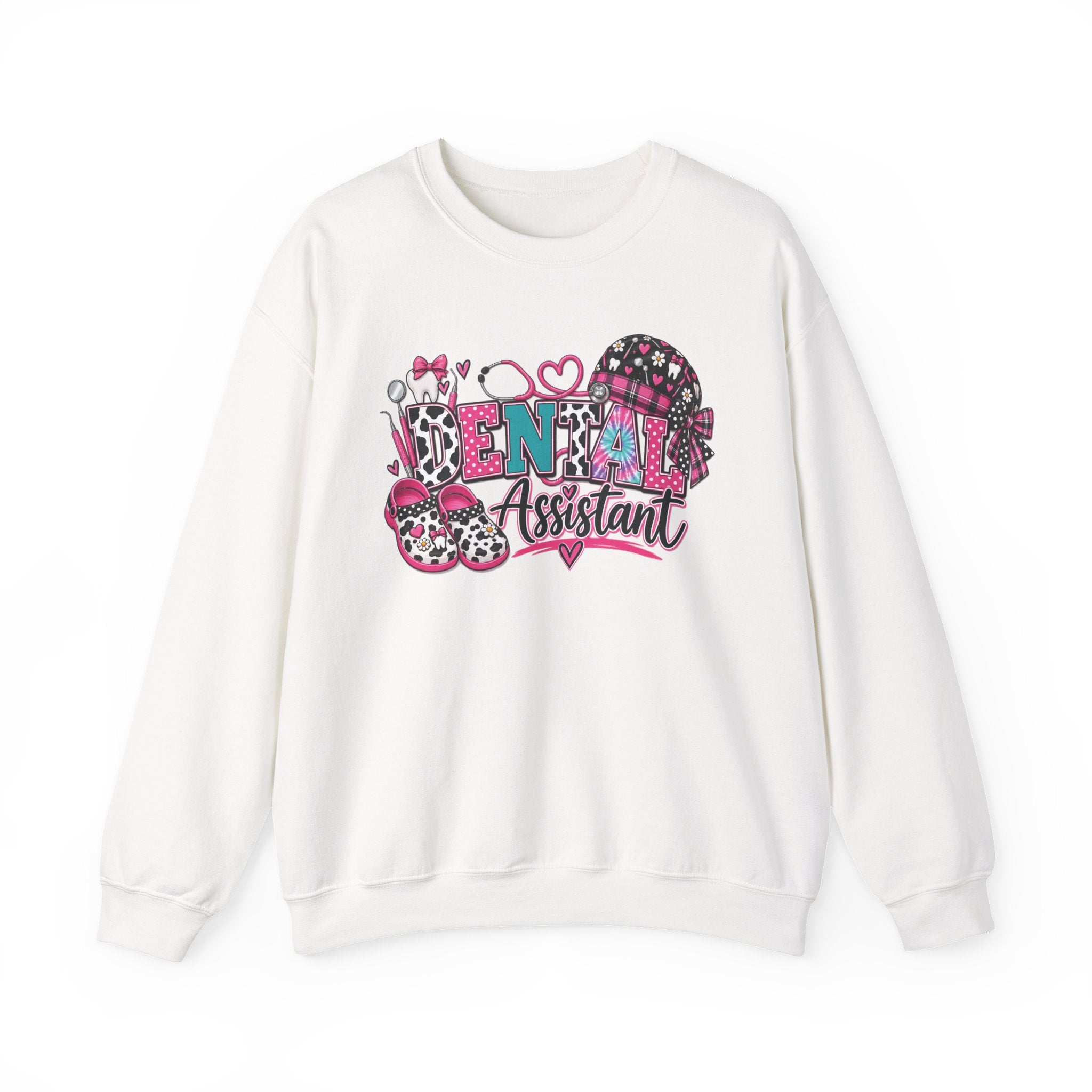 Dental Assistant Cow Print Crewneck Sweatshirt — Pink Leopard Heart Dental Design