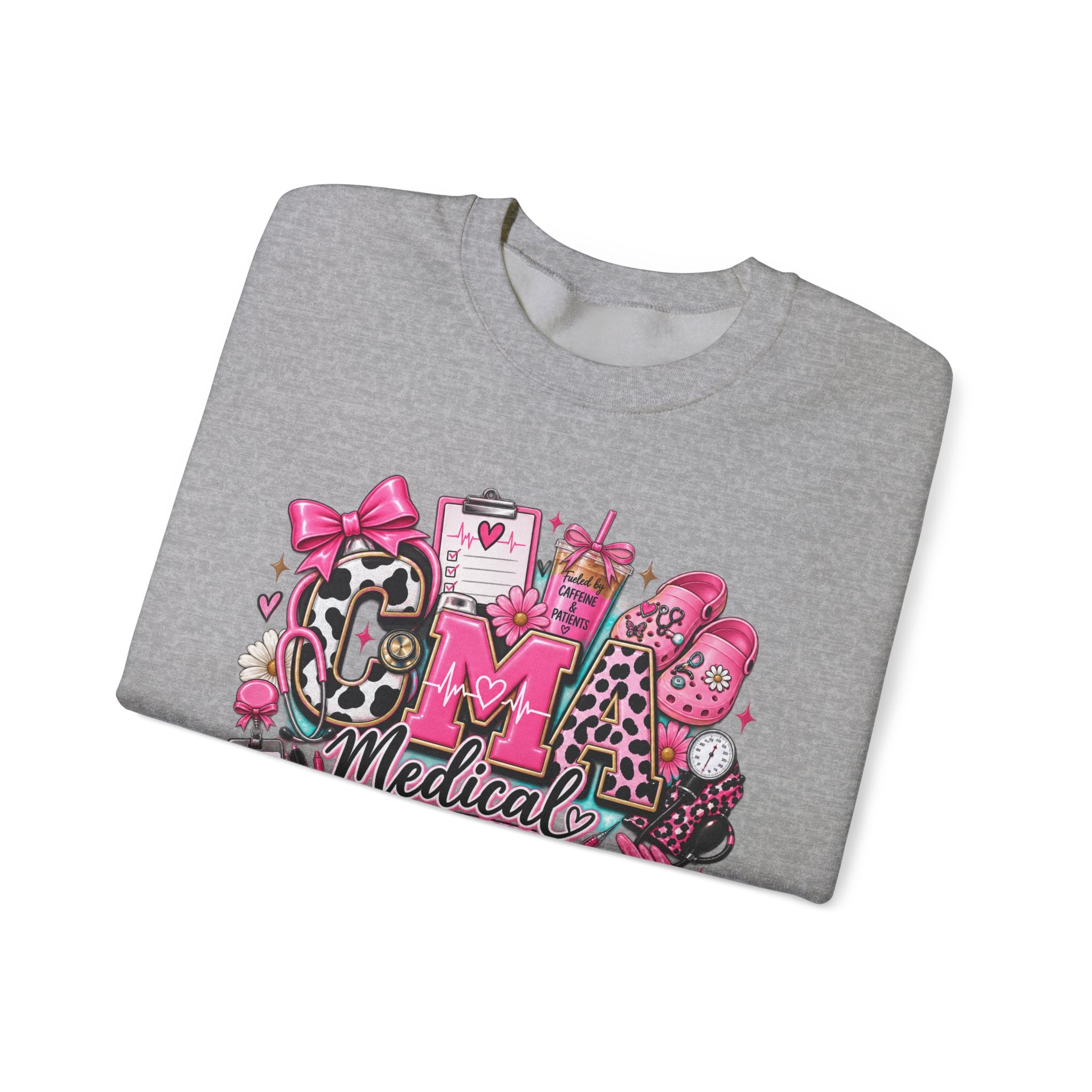 Cow Print Medical Assistant Crewneck Sweatshirt – Pink Nursing Badge & Stethoscope Design
