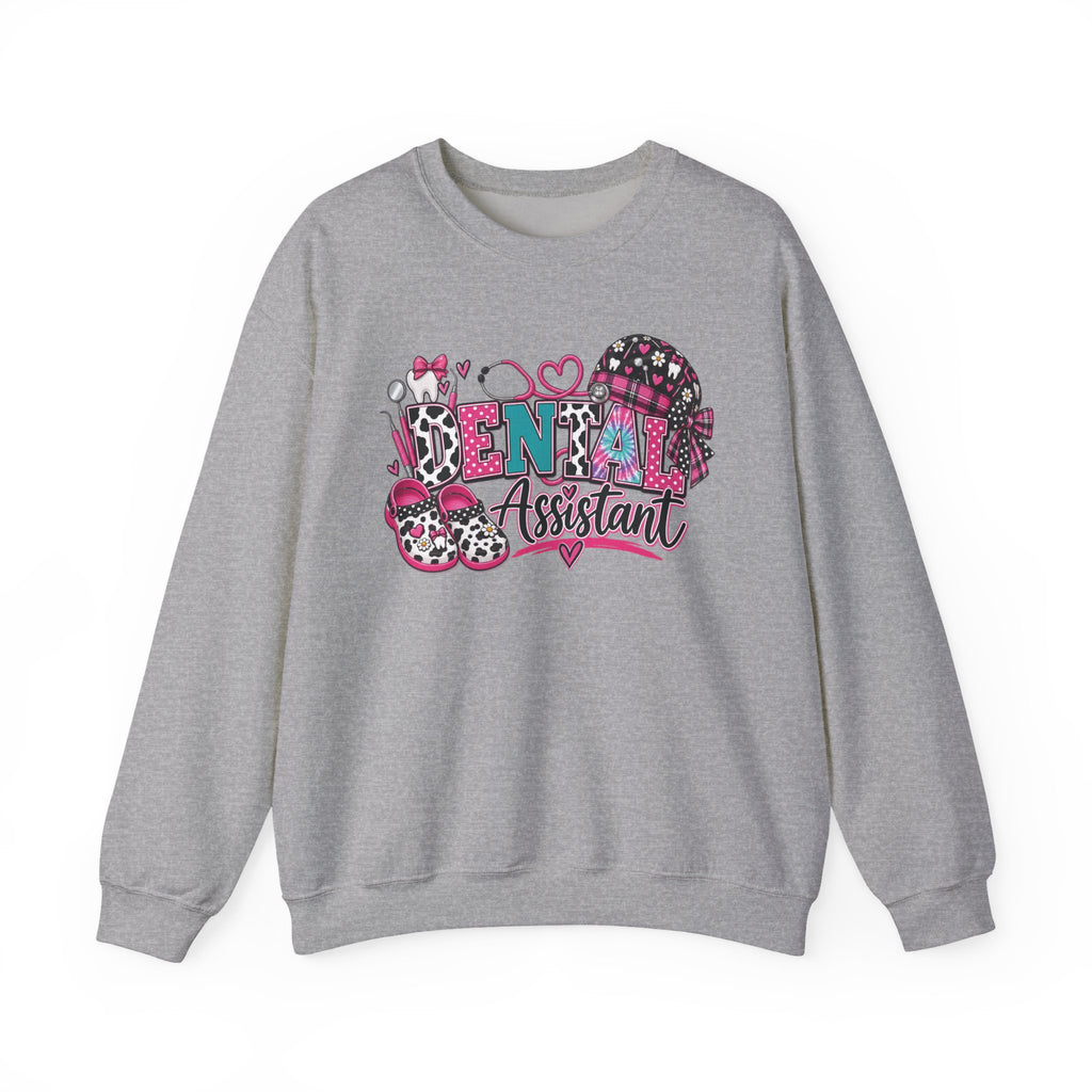 Dental Assistant Cow Print Crewneck Sweatshirt — Pink Leopard Heart Dental Design