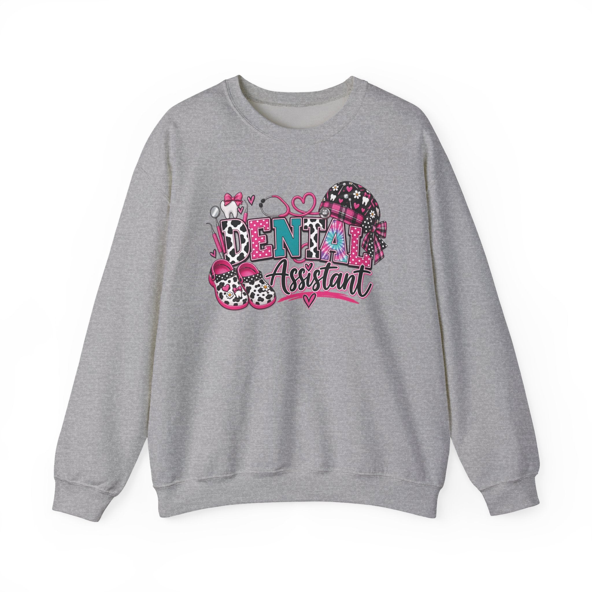 Dental Assistant Cow Print Crewneck Sweatshirt — Pink Leopard Heart Dental Design
