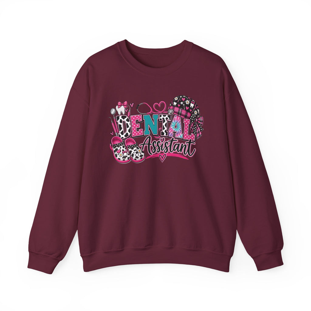 Dental Assistant Cow Print Crewneck Sweatshirt — Pink Leopard Heart Dental Design