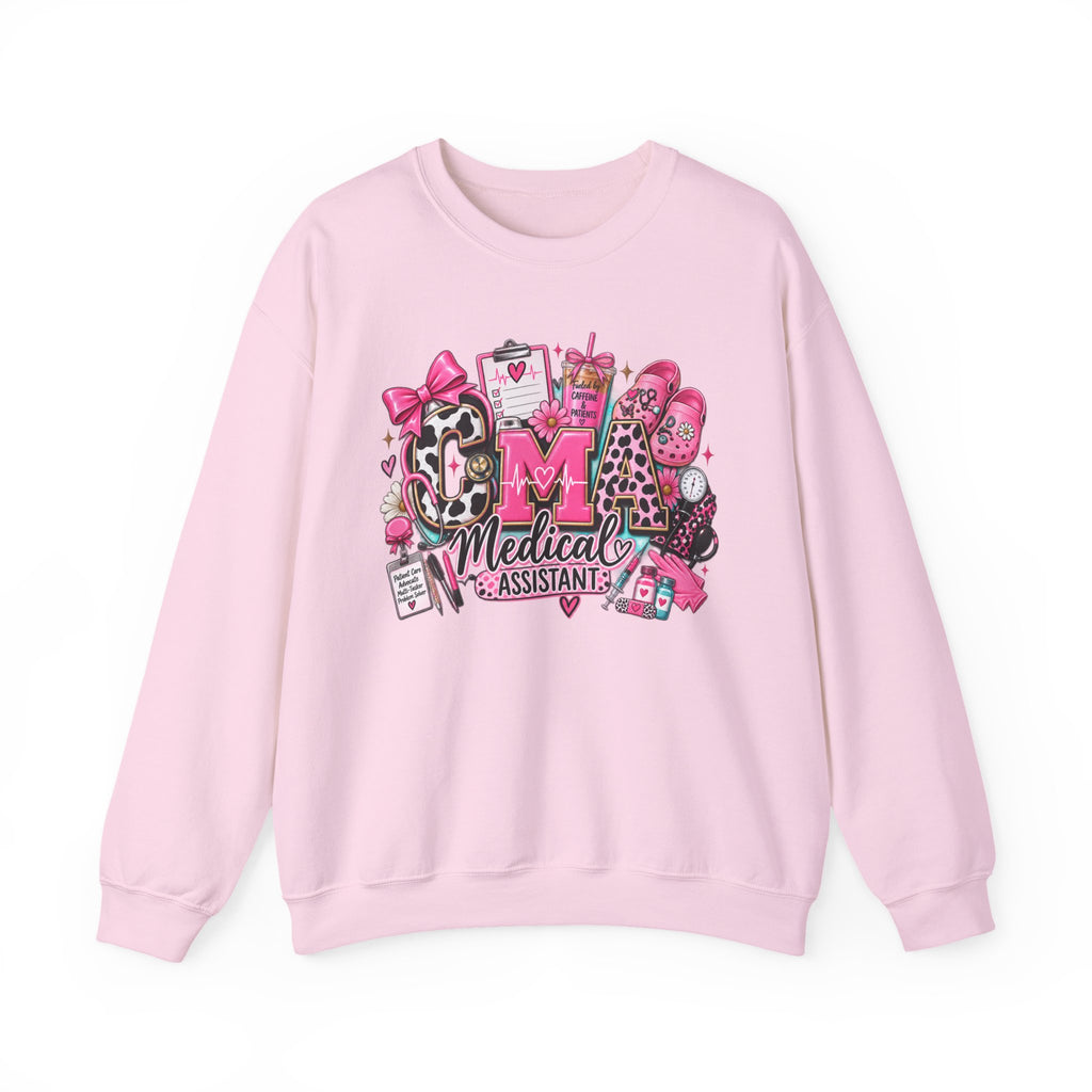 Cow Print Medical Assistant Crewneck Sweatshirt – Pink Nursing Badge & Stethoscope Design