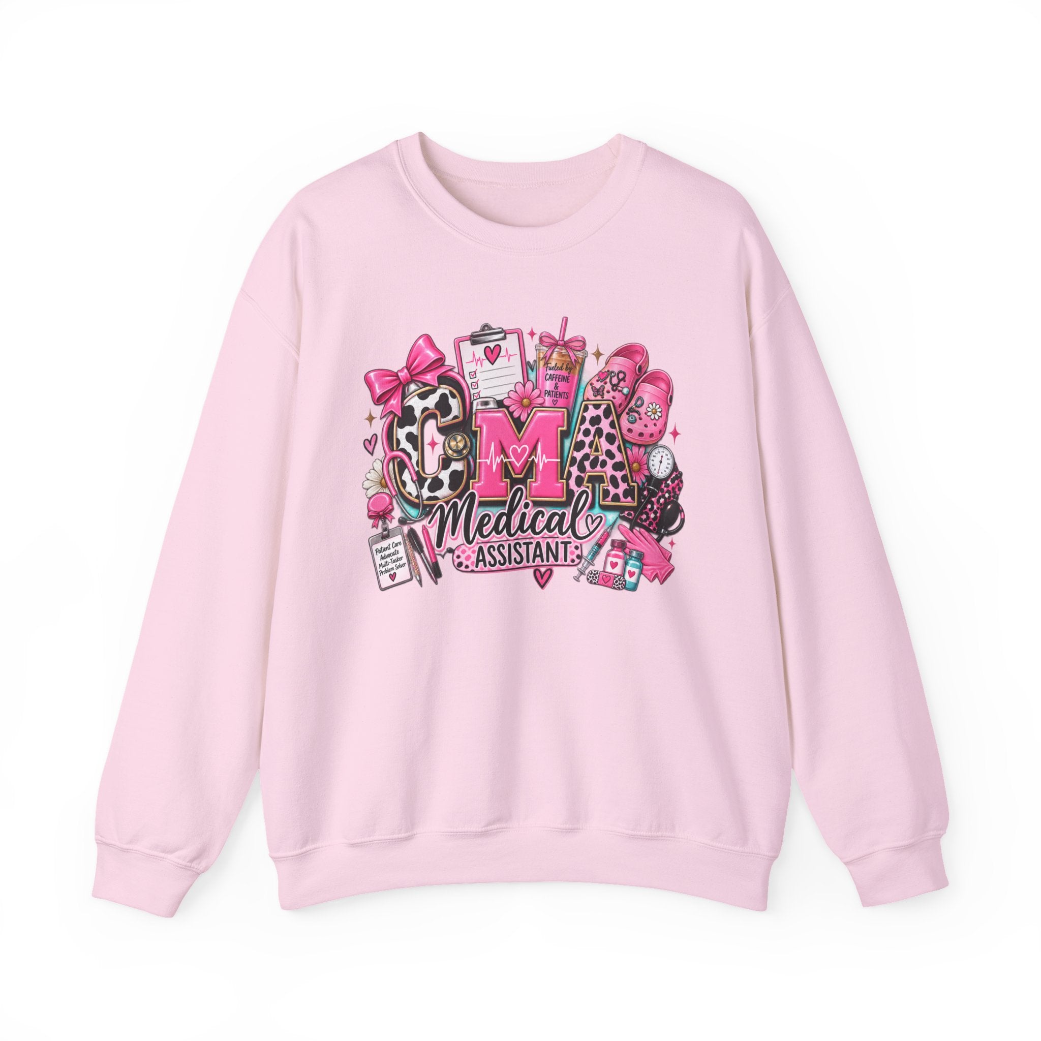 Cow Print Medical Assistant Crewneck Sweatshirt – Pink Nursing Badge & Stethoscope Design