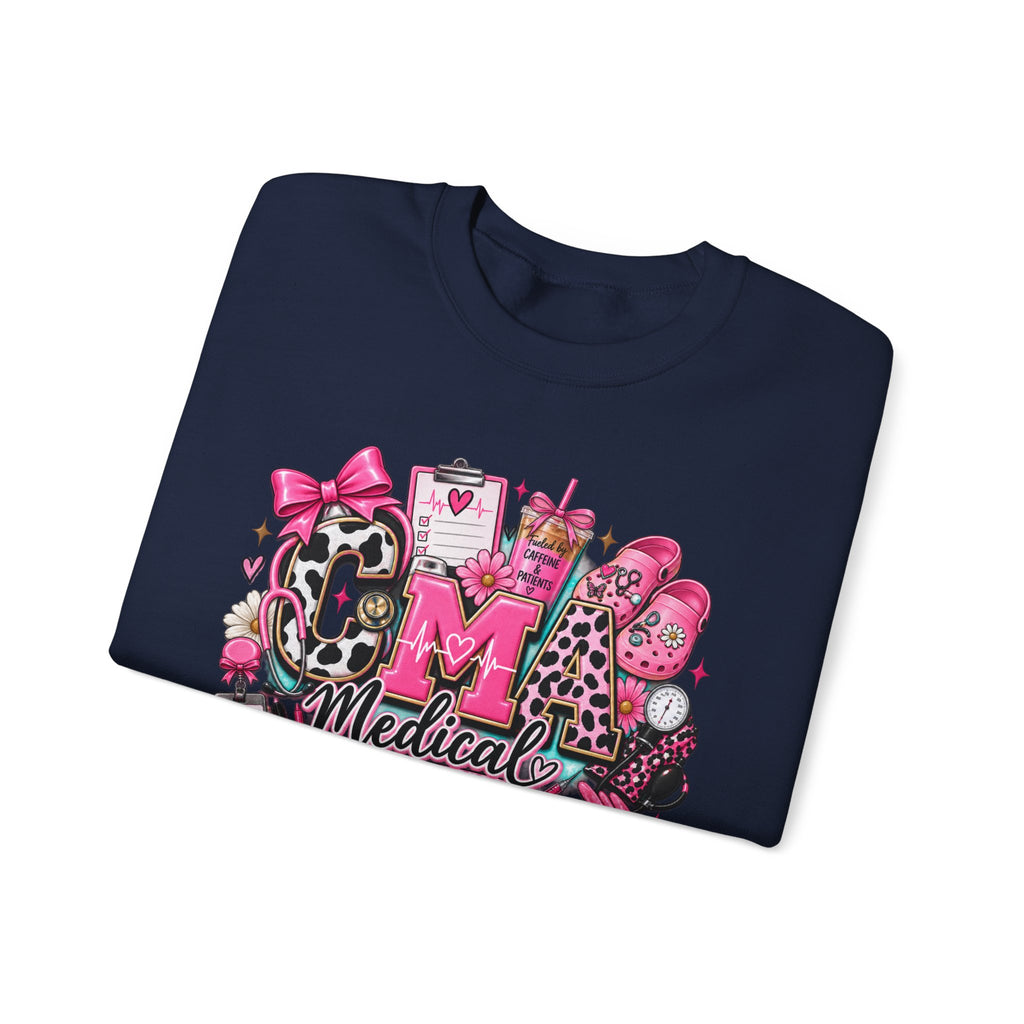 Cow Print Medical Assistant Crewneck Sweatshirt – Pink Nursing Badge & Stethoscope Design