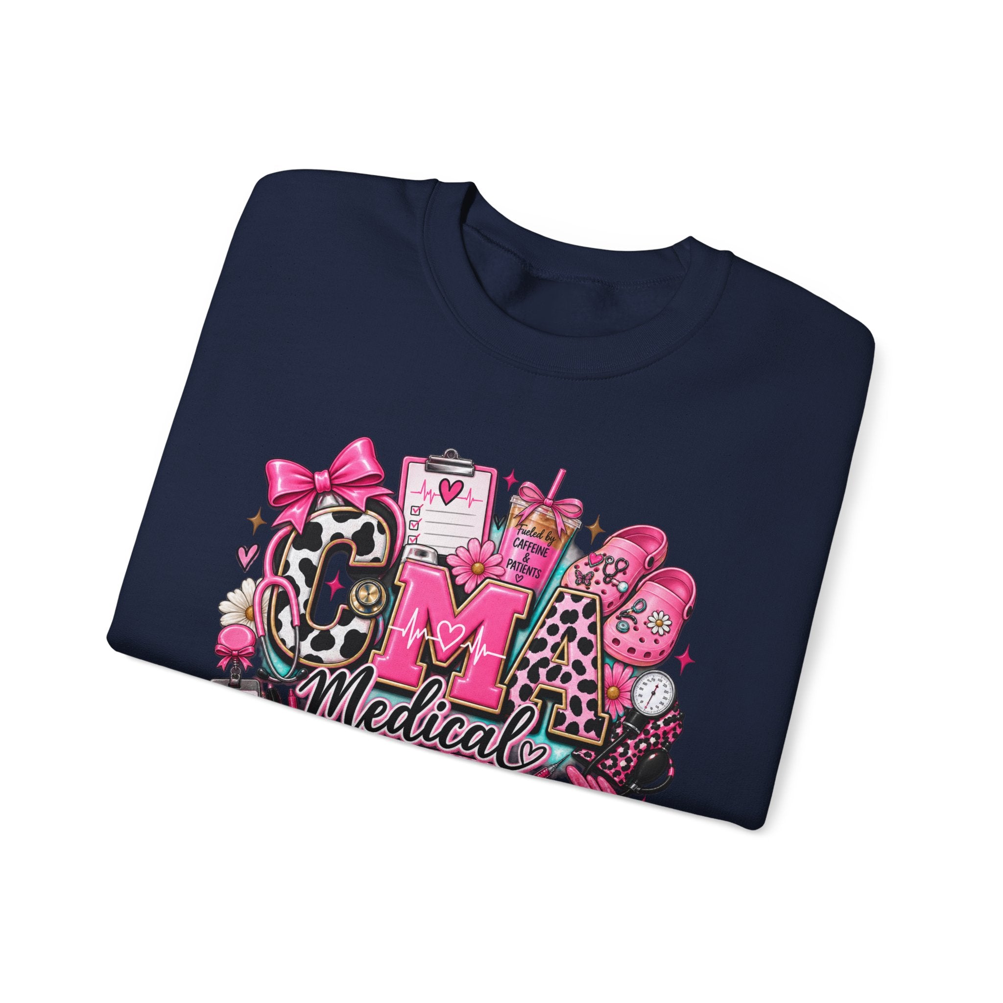 Cow Print Medical Assistant Crewneck Sweatshirt – Pink Nursing Badge & Stethoscope Design