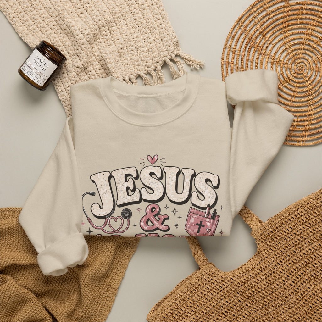 Crewneck Sweatshirt — "Jesus & 12-Hour Shifts" Faith Nurse Gift