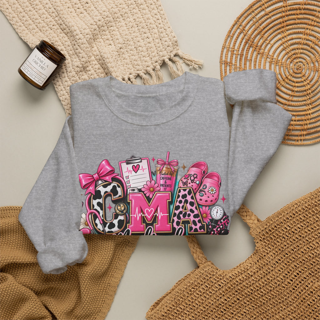 Cow Print Medical Assistant Crewneck Sweatshirt – Pink Nursing Badge & Stethoscope Design