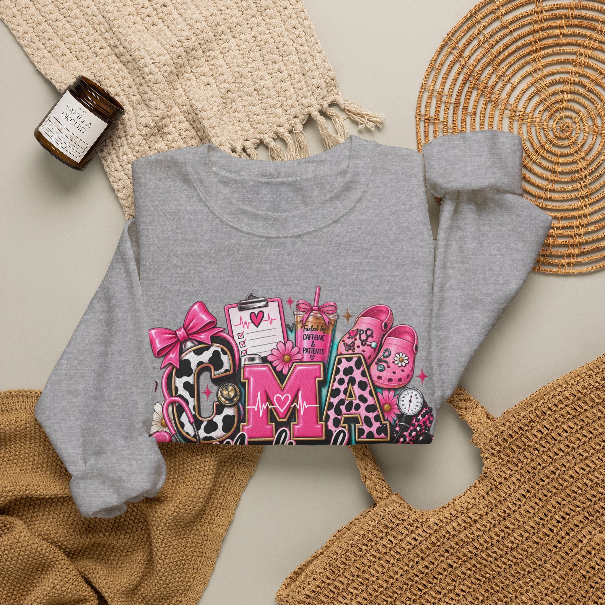 Cow Print Medical Assistant Crewneck Sweatshirt – Pink Nursing Badge & Stethoscope Design