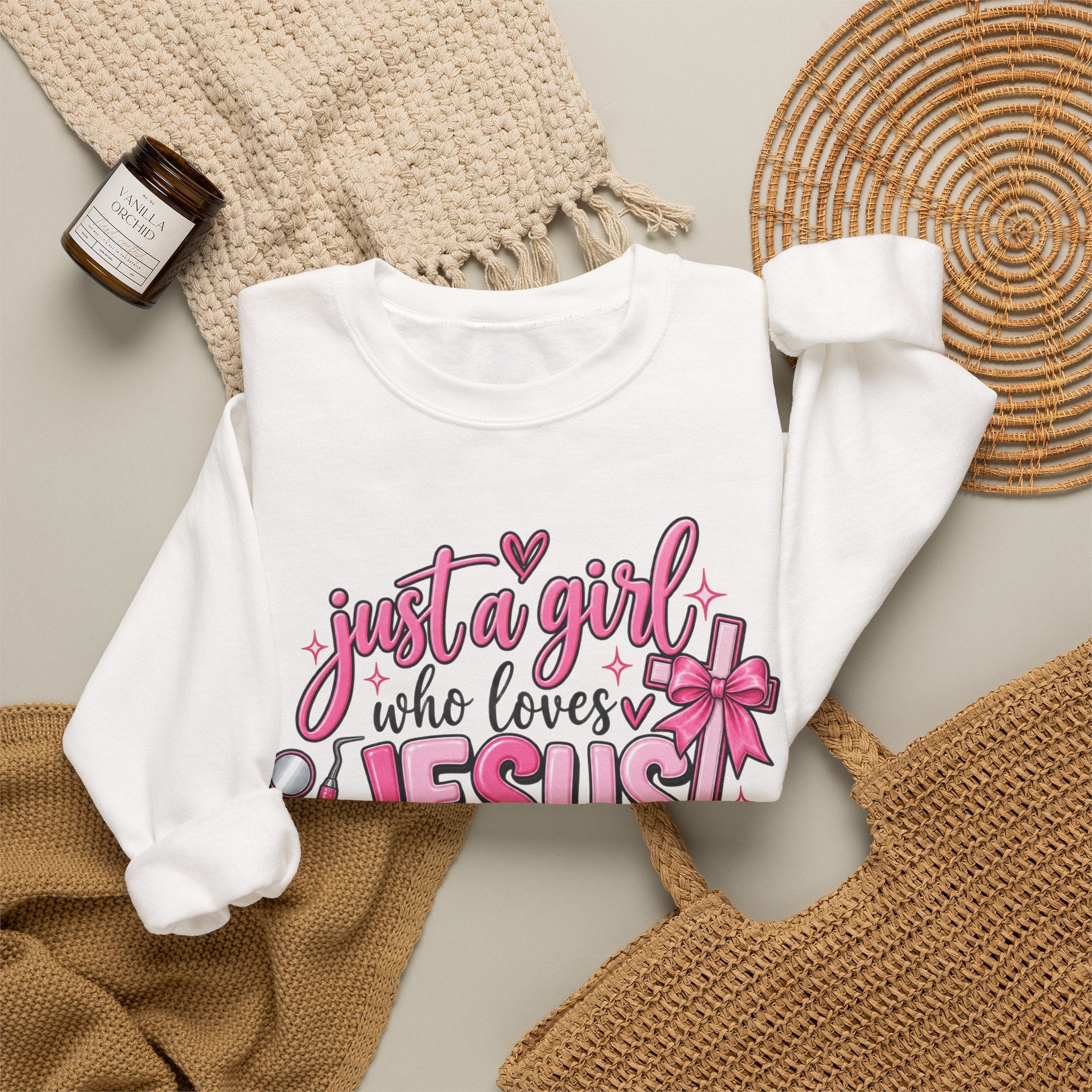Jesus & Teeth Crewneck Sweatshirt — "Just a Girl Who Loves Jesus & Teeth" Christian Dental Graphic