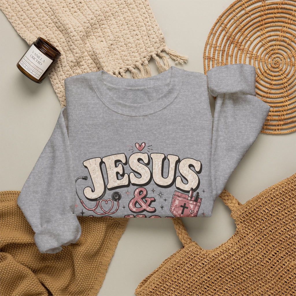Crewneck Sweatshirt — "Jesus & 12-Hour Shifts" Faith Nurse Gift