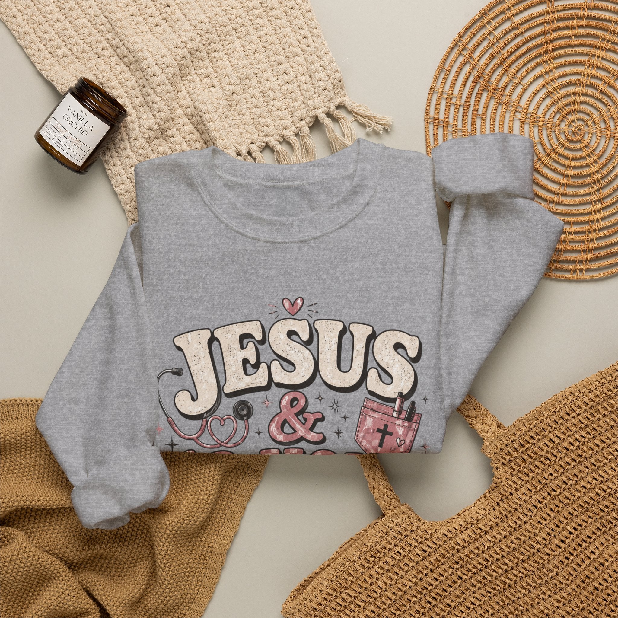 Crewneck Sweatshirt — "Jesus & 12-Hour Shifts" Faith Nurse Gift