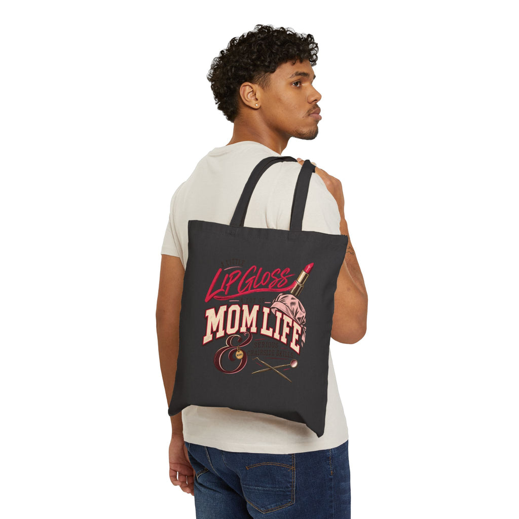 Mom Life Tote Bag - "A Little Lip Gloss & A Lot of Mom Life" Canvas Grocery/Beach Bag