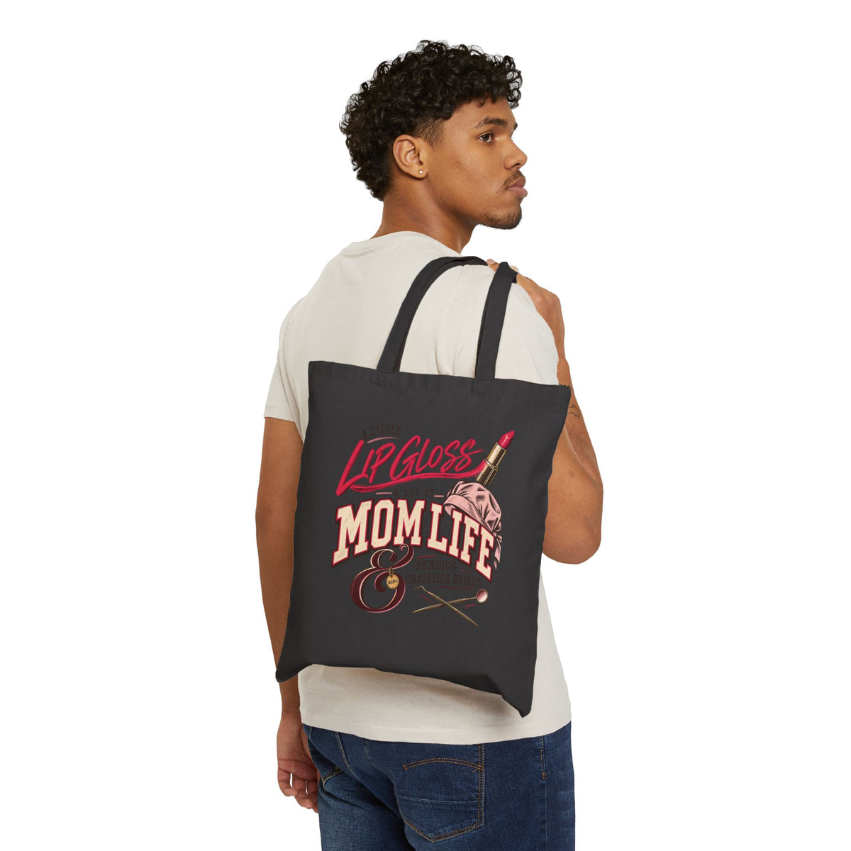 Mom Life Tote Bag - "A Little Lip Gloss & A Lot of Mom Life" Canvas Grocery/Beach Bag